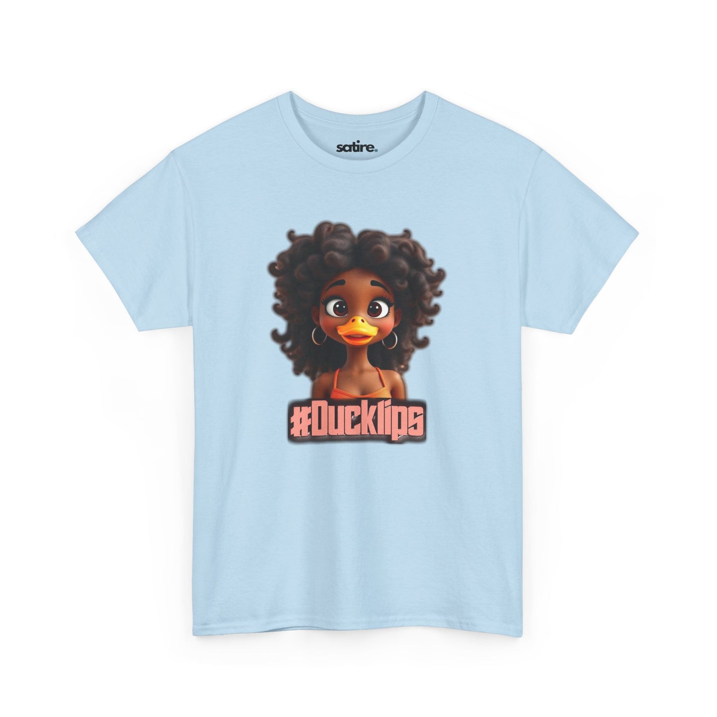 Light blue t-shirt featuring a humorous cartoon duck with human-like curly hair and hoop earrings, text reads #Ducklips in pink | Satire Clothes