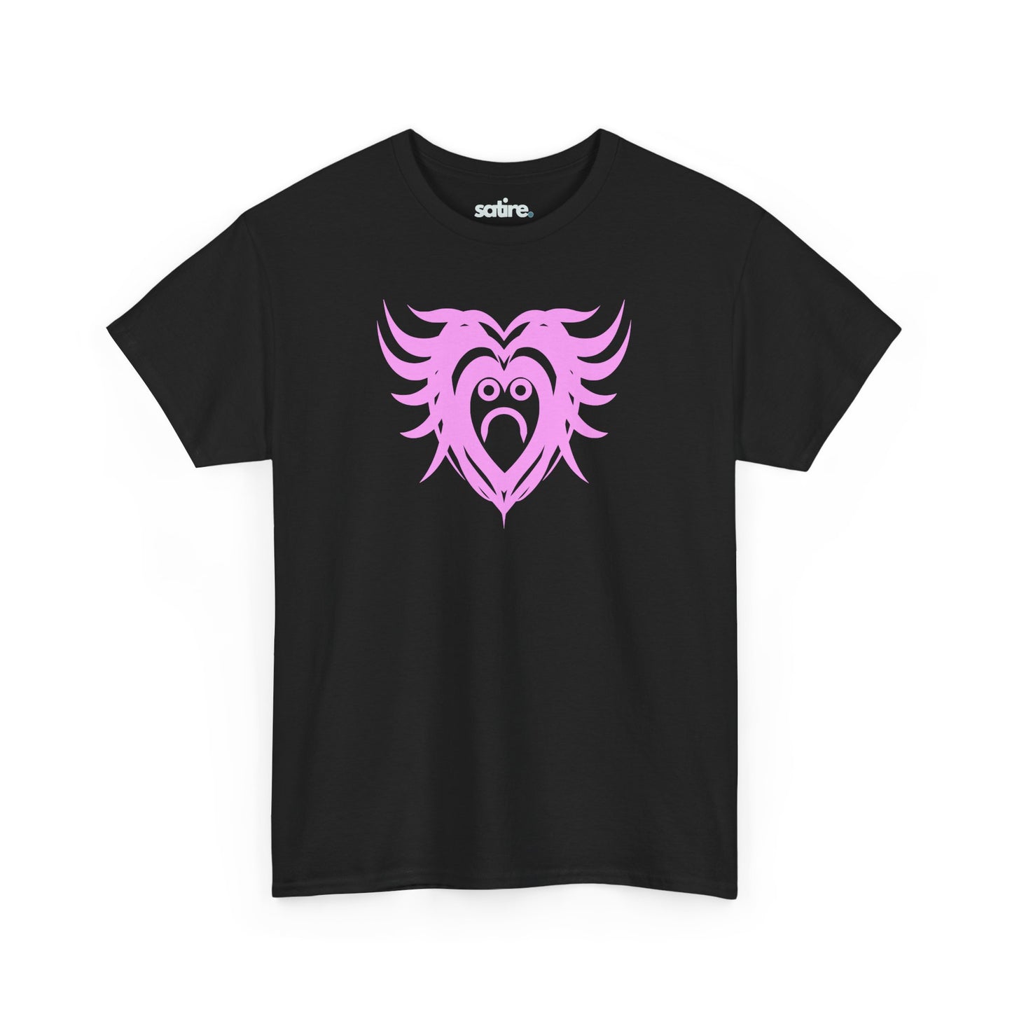 Black t-shirt with a pink design featuring a sad, crying heart with wing-like extensions. | Satire Clothes