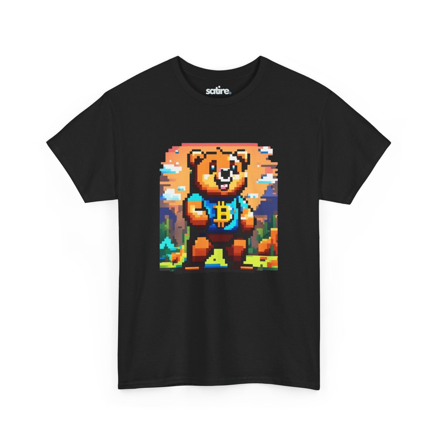 Black t-shirt featuring a pixelated bear with a Bitcoin logo on its shirt, set against a colorful, retro-styled background | Satire Clothes