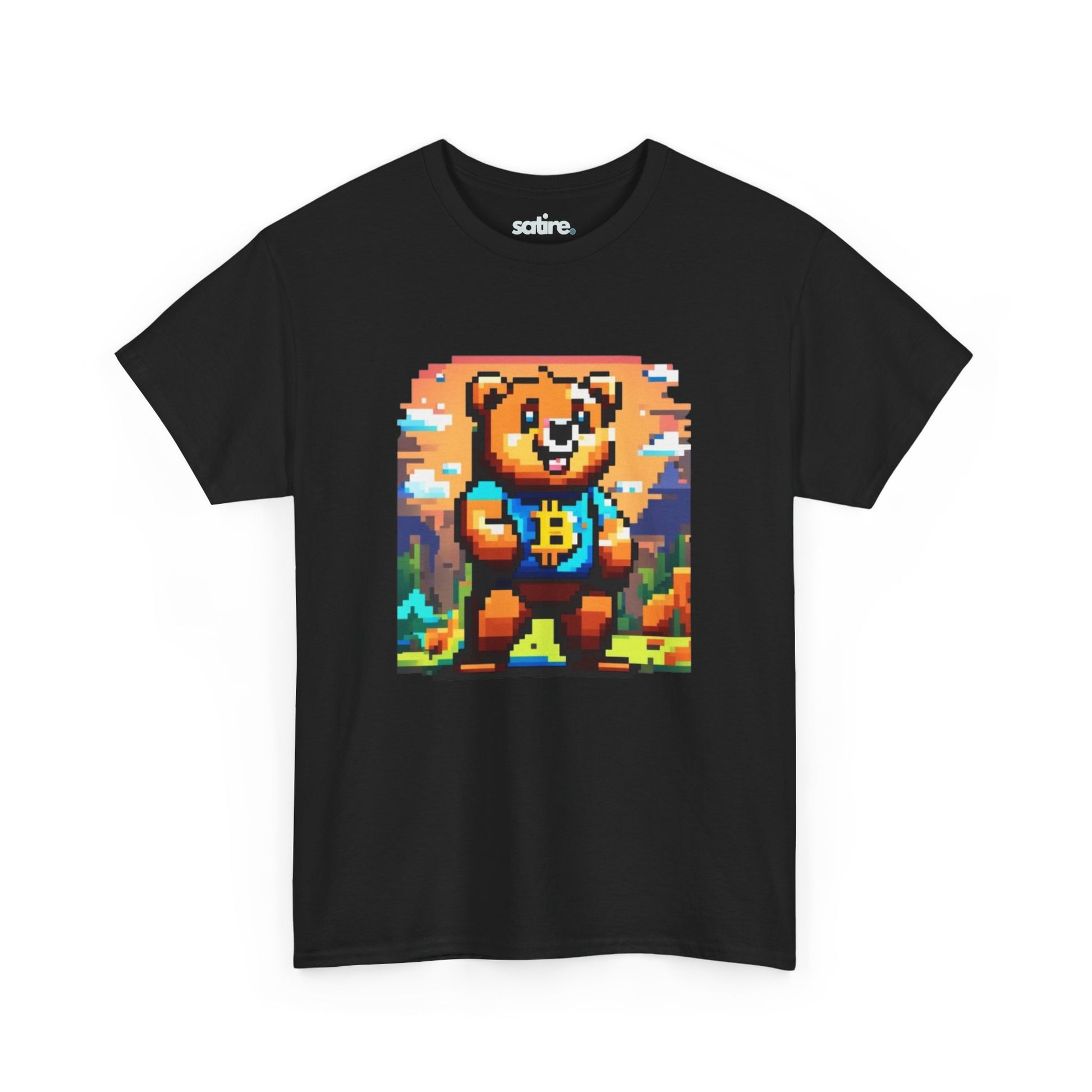 Black t-shirt featuring a pixelated bear with a Bitcoin logo on its shirt, set against a colorful, retro-styled background | Satire Clothes