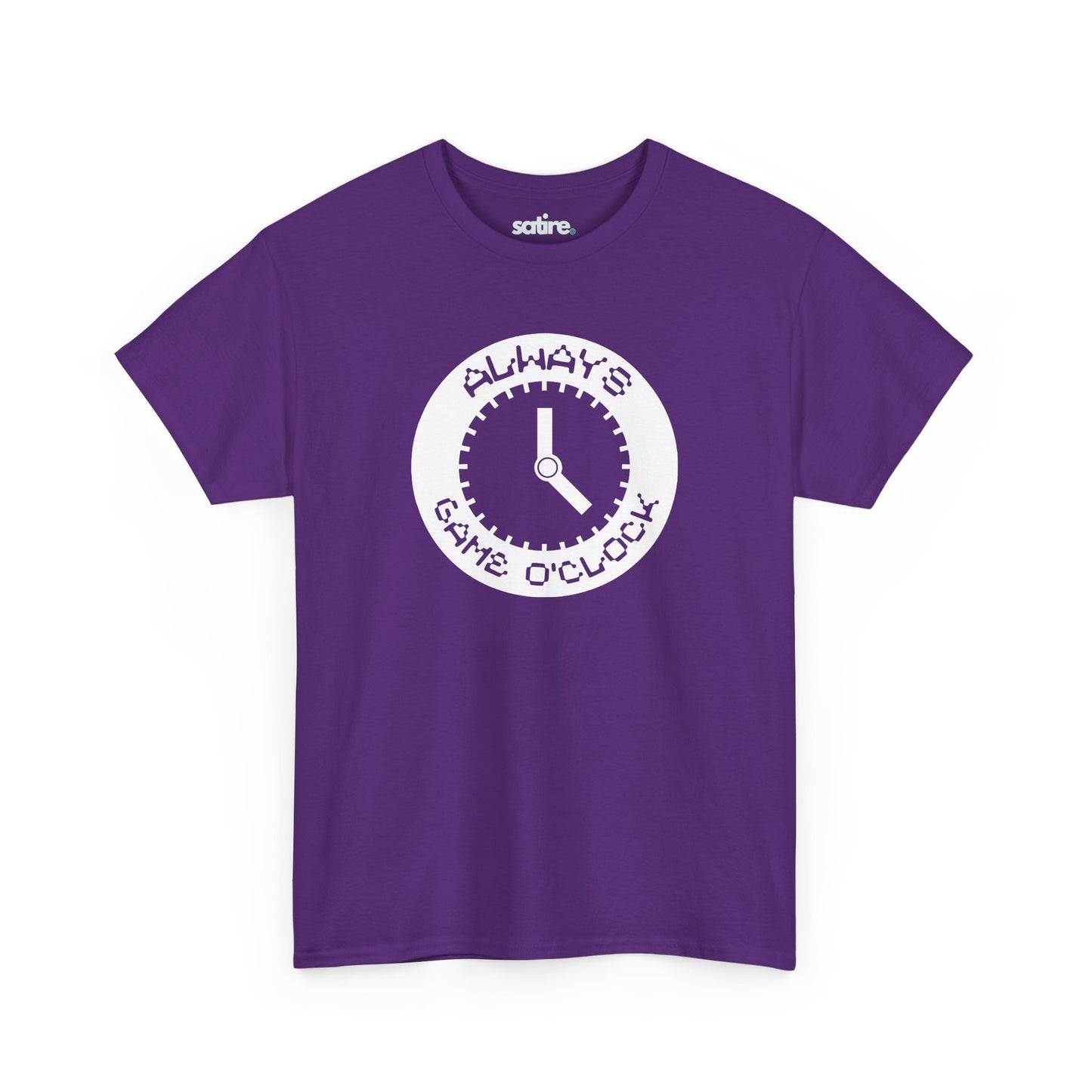 Purple t-shirt with a white circular graphic in the center. The graphic features a clock with the text 'ALWAYS GAME O'CLOCK' around it. | Satire Clothes