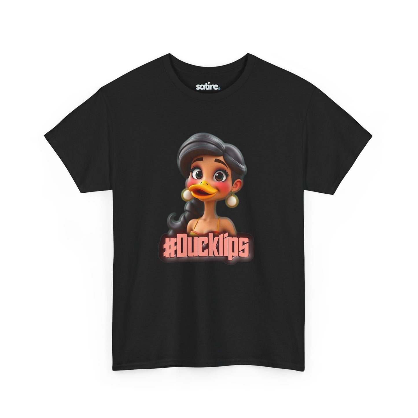 Black t-shirt featuring a humorous graphic of a character with a duck's beak and the text "#Ducklips" in bold, pink letters | Satire Clothes