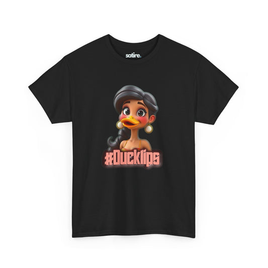 Black t-shirt featuring a humorous graphic of a character with a duck's beak and the text "#Ducklips" in bold, pink letters | Satire Clothes