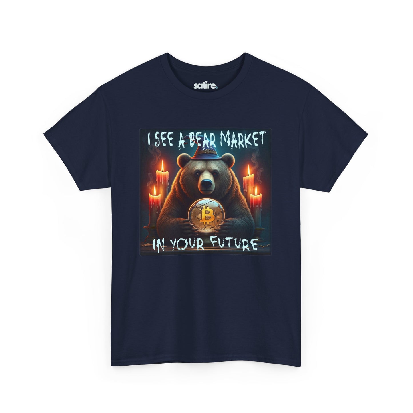 Navy blue t-shirt with a graphic of a bear wearing a wizard hat, gazing into a crystal ball with a Bitcoin symbol. Text reads: 'I SEE A BEAR MARKET IN YOUR FUTURE' | Satire Clothes