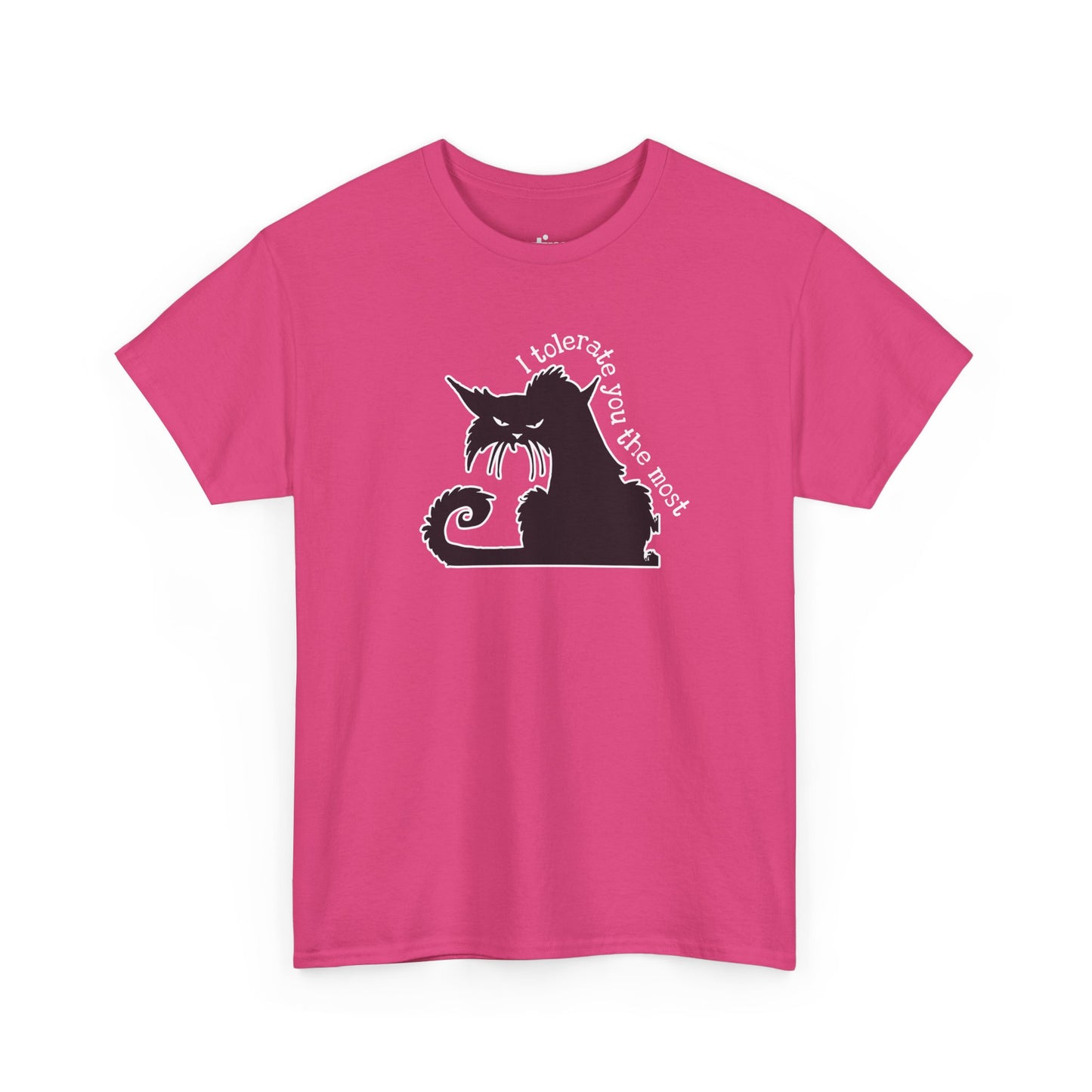 Pink T-shirt with a black silhouette of an angry cat and the text "I tolerate you the most" printed on it | Satire Clothes