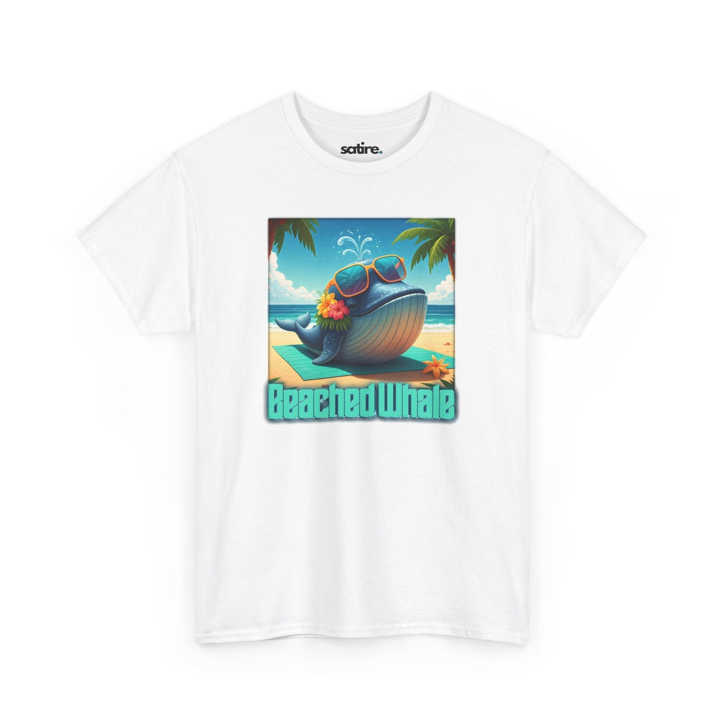 White t-shirt with a graphic of a whale on a beach, wearing sunglasses with flowers tucked into the sunglasses. Text below reads 'Beached Whale' | Satire Clothes