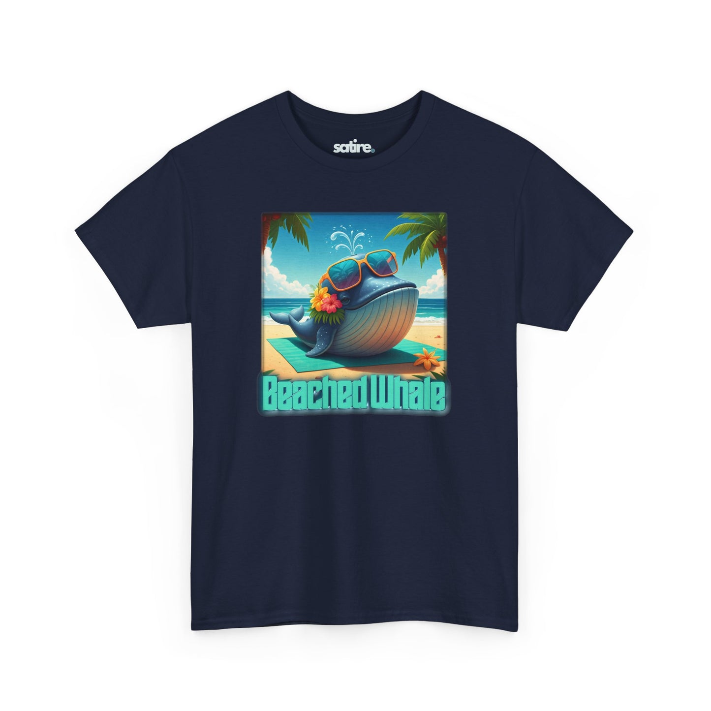 Navy blue t-shirt with a graphic of a whale on a beach, wearing sunglasses with flowers tucked into the sunglasses. Text below reads 'Beached Whale' | Satire Clothes