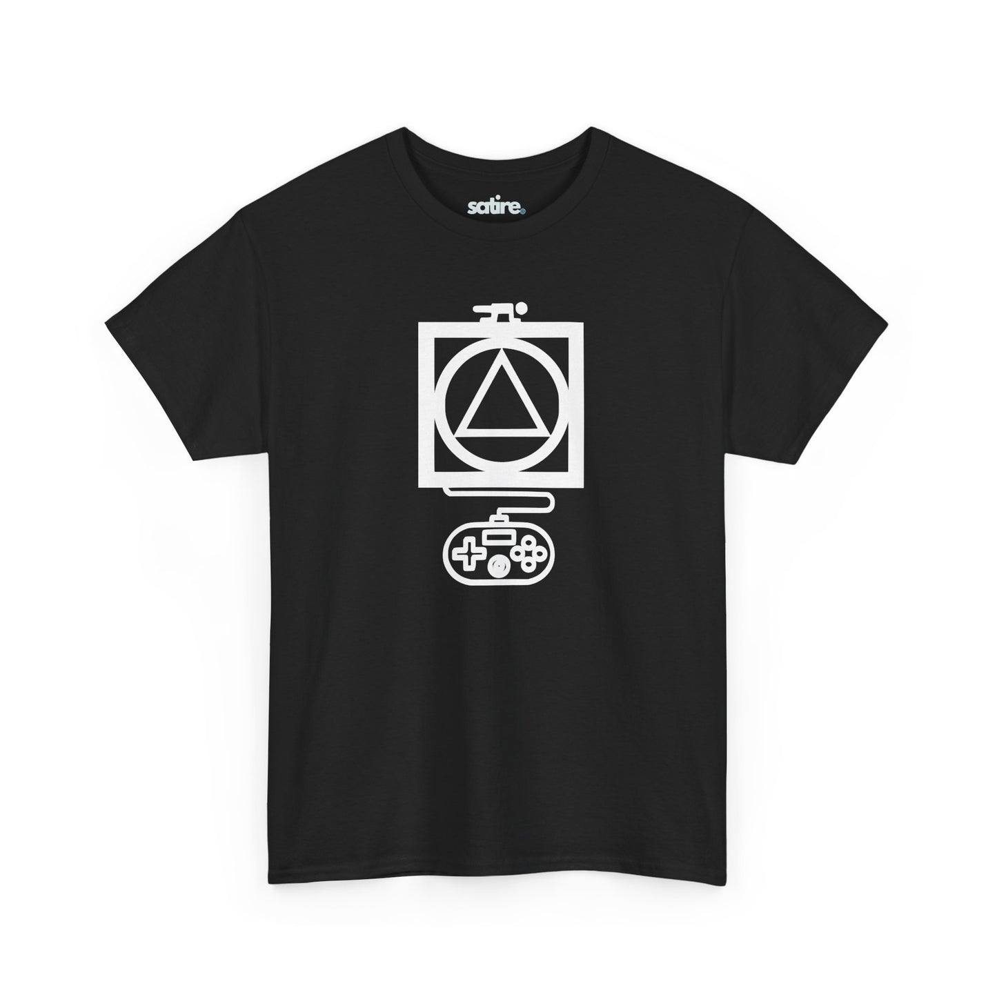 Black t-shirt with a white graphic design featuring a triangle inside a circle, which is inside a square, with a game controller below. | Satire Clothes