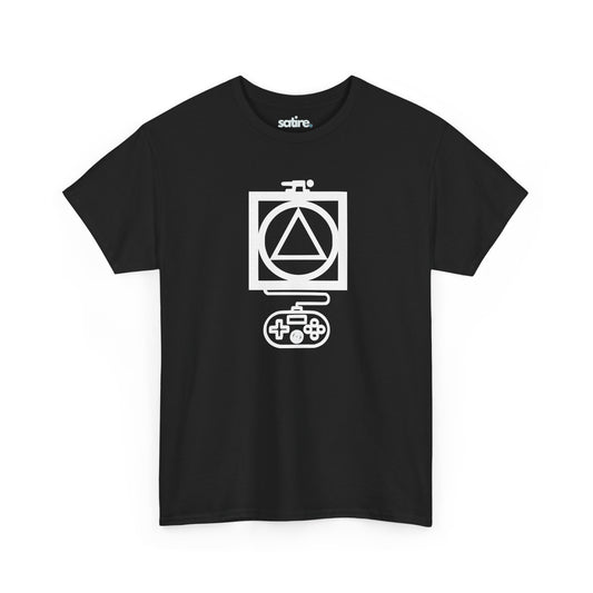 Black t-shirt with a white graphic design featuring a triangle inside a circle, which is inside a square, with a game controller below. | Satire Clothes