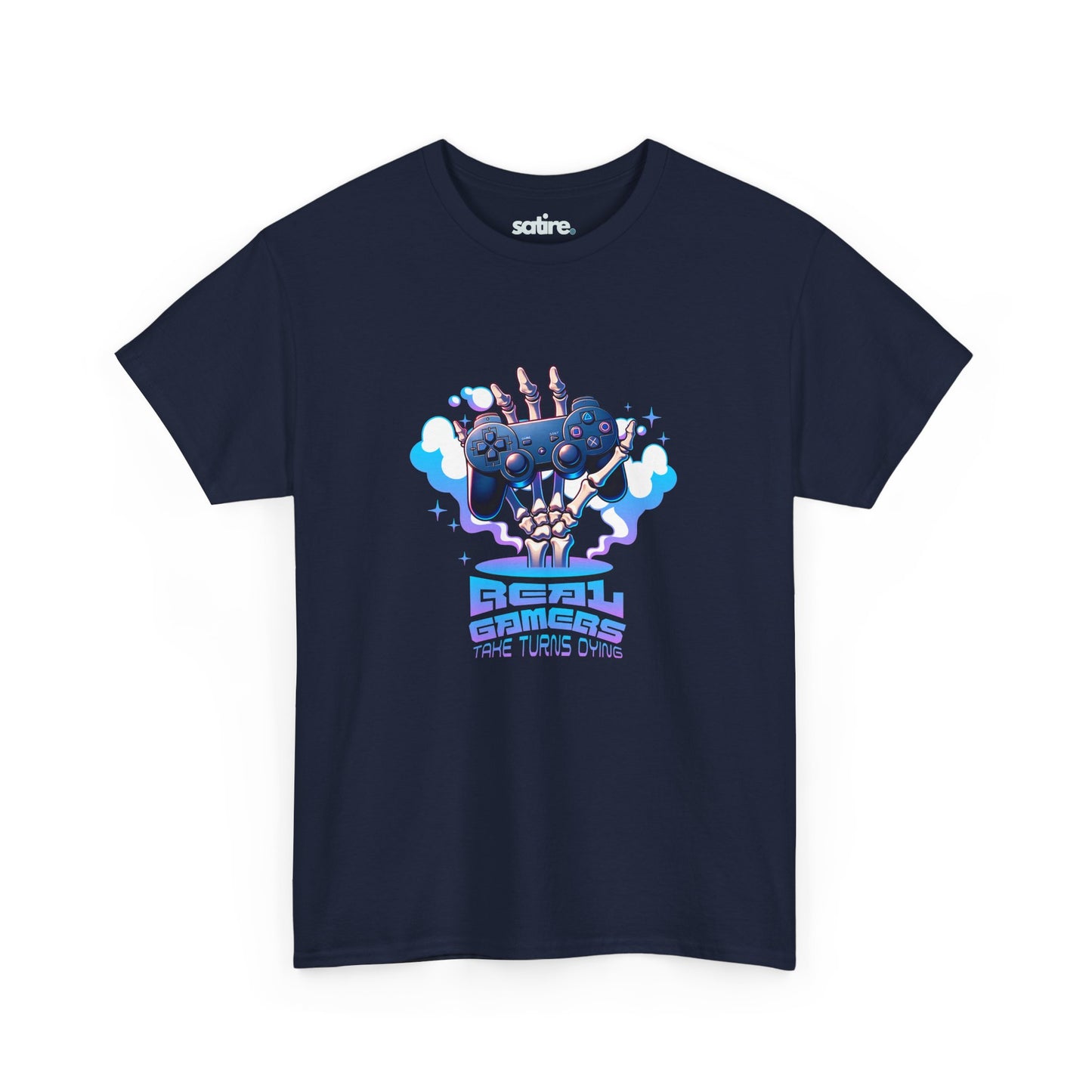 Navy blue T-shirt featuring a colorful graphic of a skeletal hand holding a game controller with clouds of smoke, above the text 'REAL GAMERS TAKE TURNS DYING' | Satire Clothes