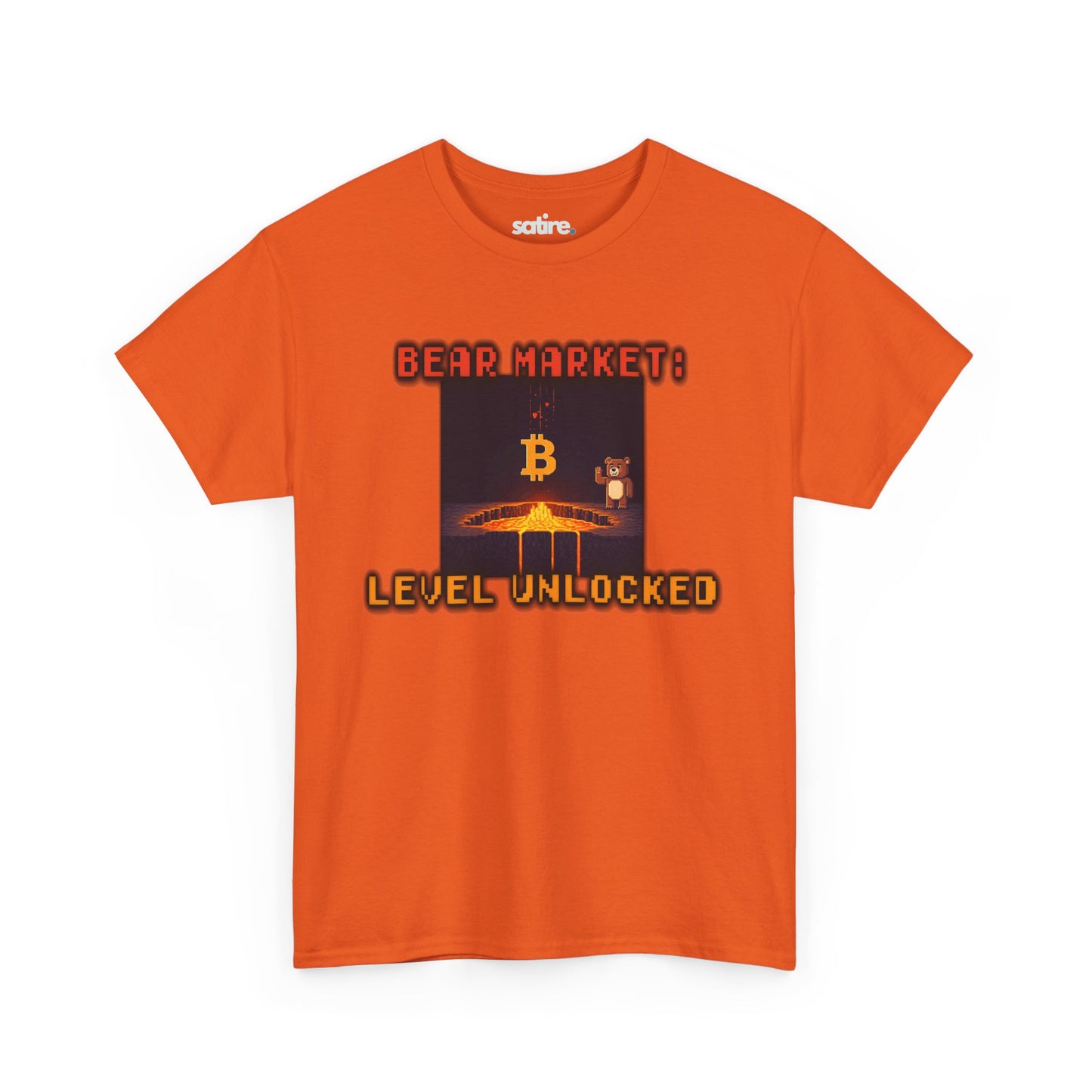 Orange t-shirt from Satire Clothes with 'BEAR MARKET:' in red. Image of Bitcoin melting into lava with a bear watching. 'LEVEL UNLOCKED' in orange below. | Satire Clothes