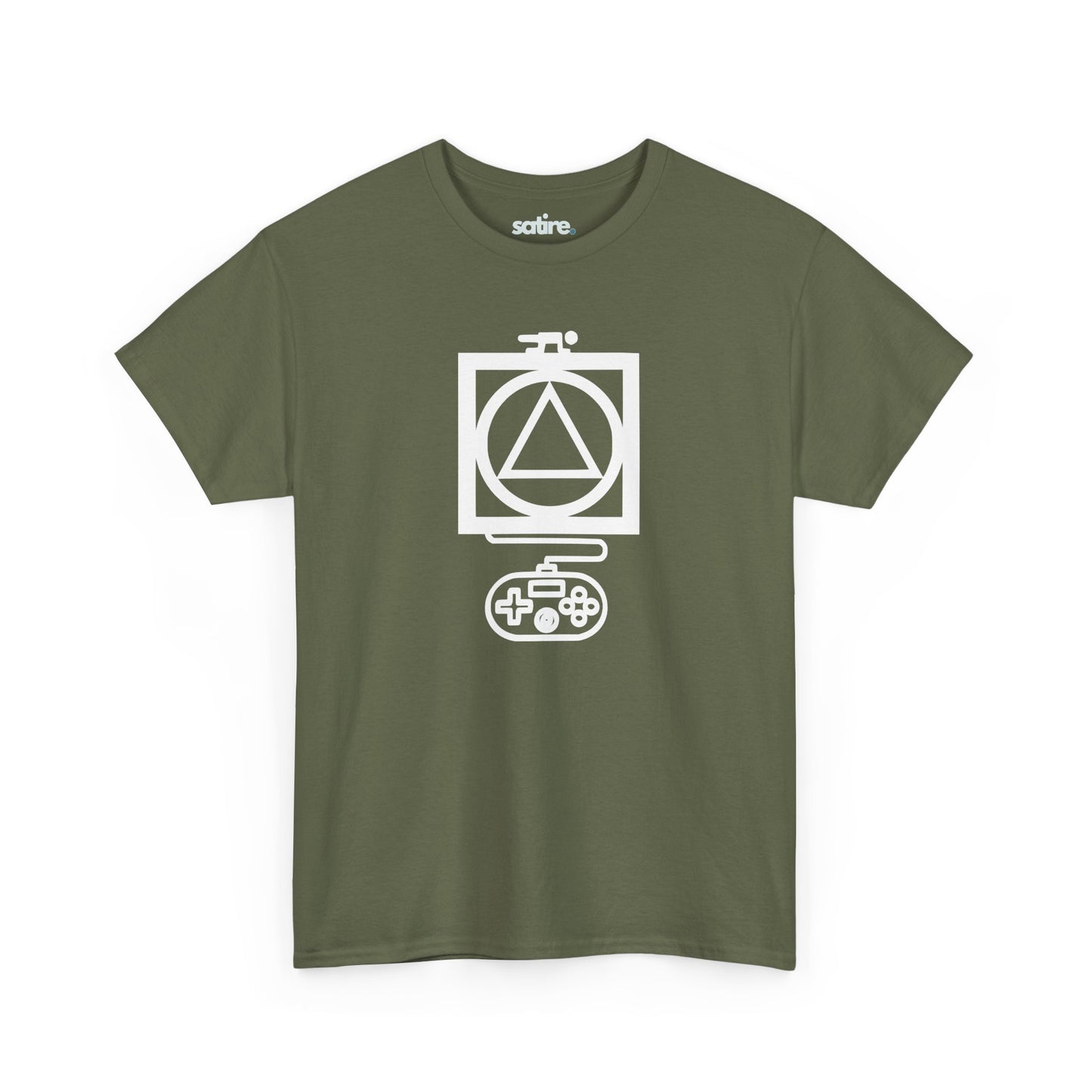 Military green t-shirt with a white graphic design featuring a triangle inside a circle, which is inside a square, with a game controller below. | Satire Clothes