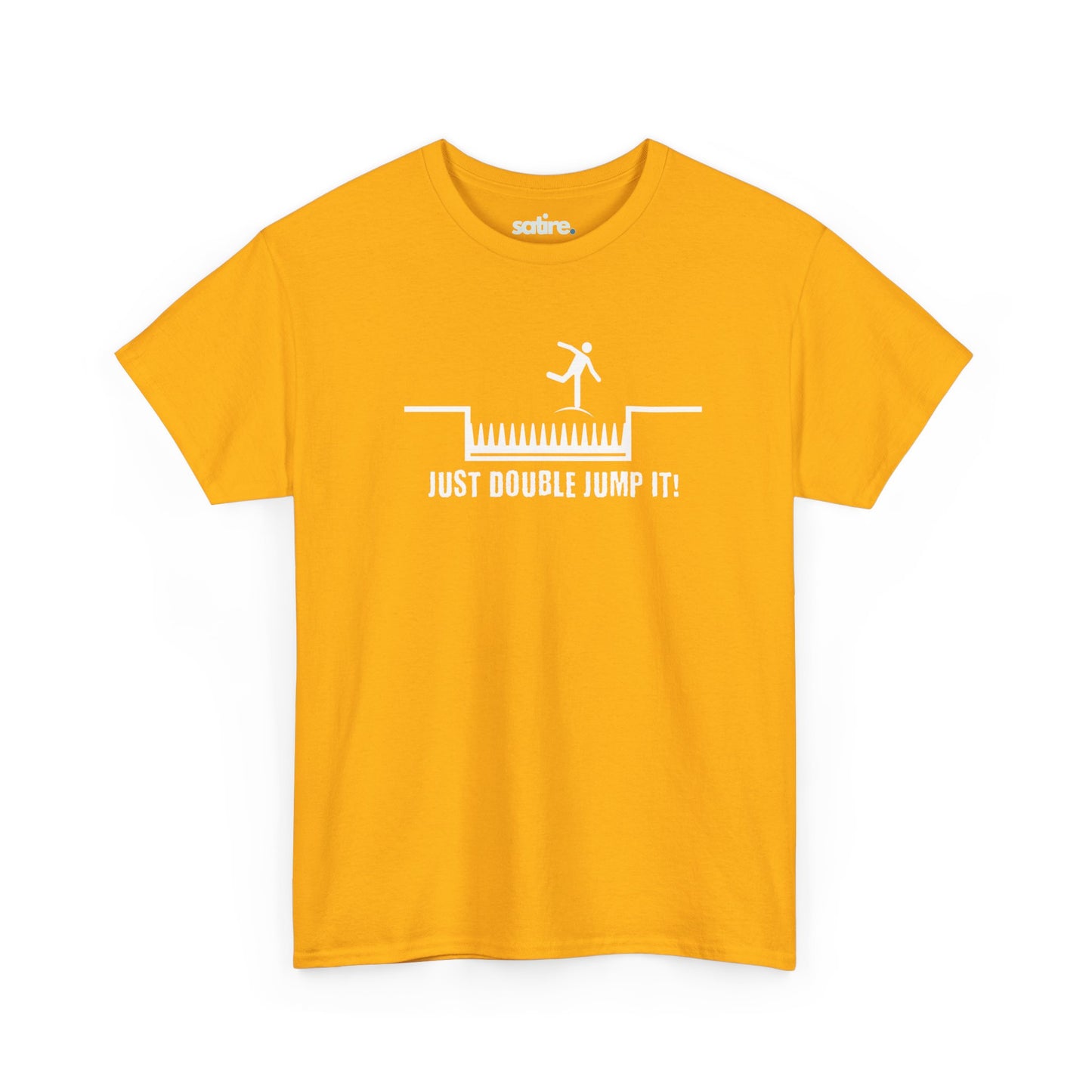 Yellow t-shirt with a white graphic of a stick figure jumping over spikes and the text 'JUST DOUBLE JUMP IT!' below | Satire Clothes