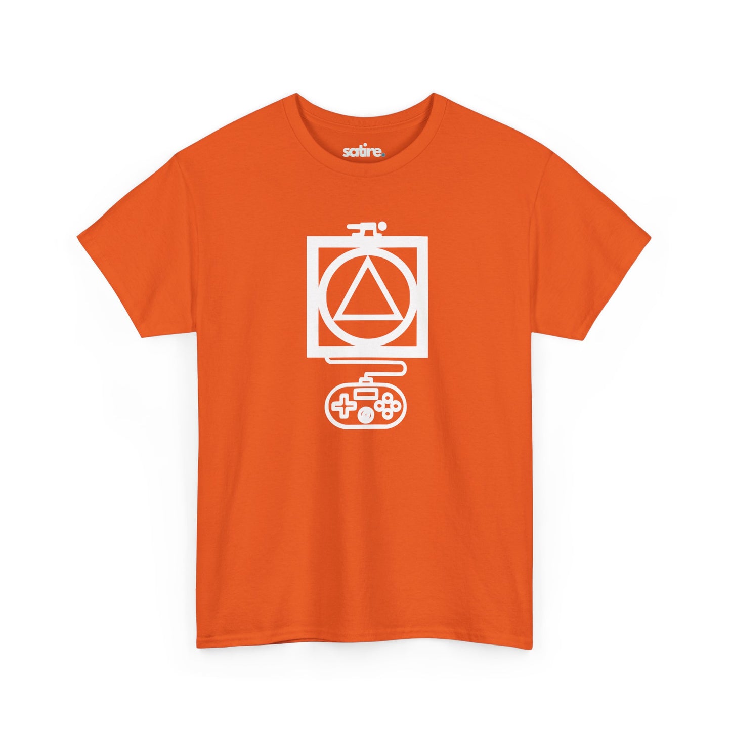 Orange t-shirt with a white graphic design featuring a triangle inside a circle, which is inside a square, with a game controller below. | Satire Clothes