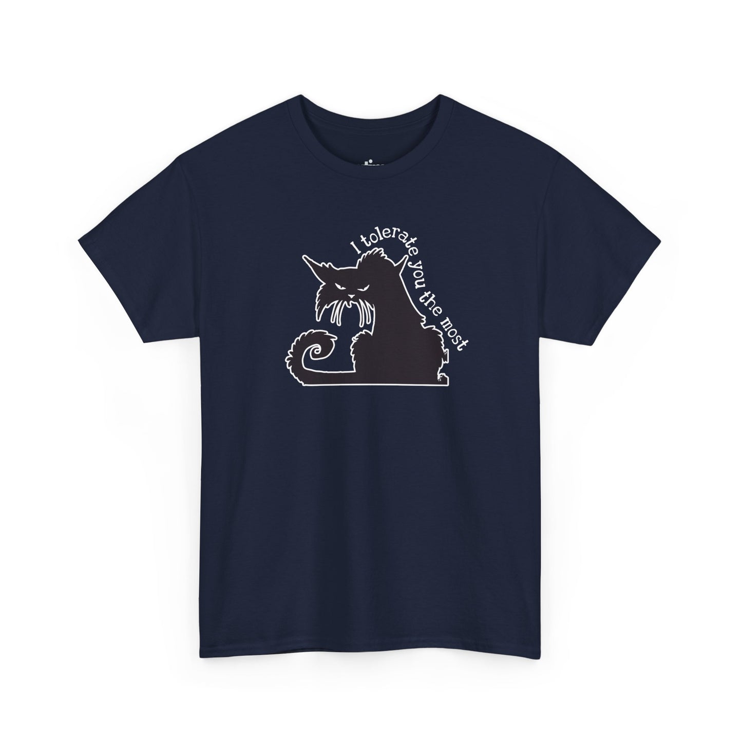 Navy blue T-shirt with a black silhouette of an angry cat and the text "I tolerate you the most" printed on it | Satire Clothes