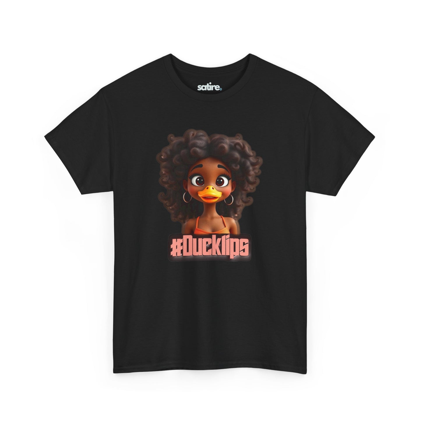 Black t-shirt featuring a humorous cartoon duck with human-like curly hair and hoop earrings, text reads #Ducklips in pink. | Satire Clothes