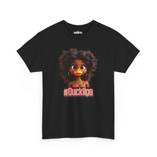 Black t-shirt featuring a humorous cartoon duck with human-like curly hair and hoop earrings, text reads #Ducklips in pink. | Satire Clothes