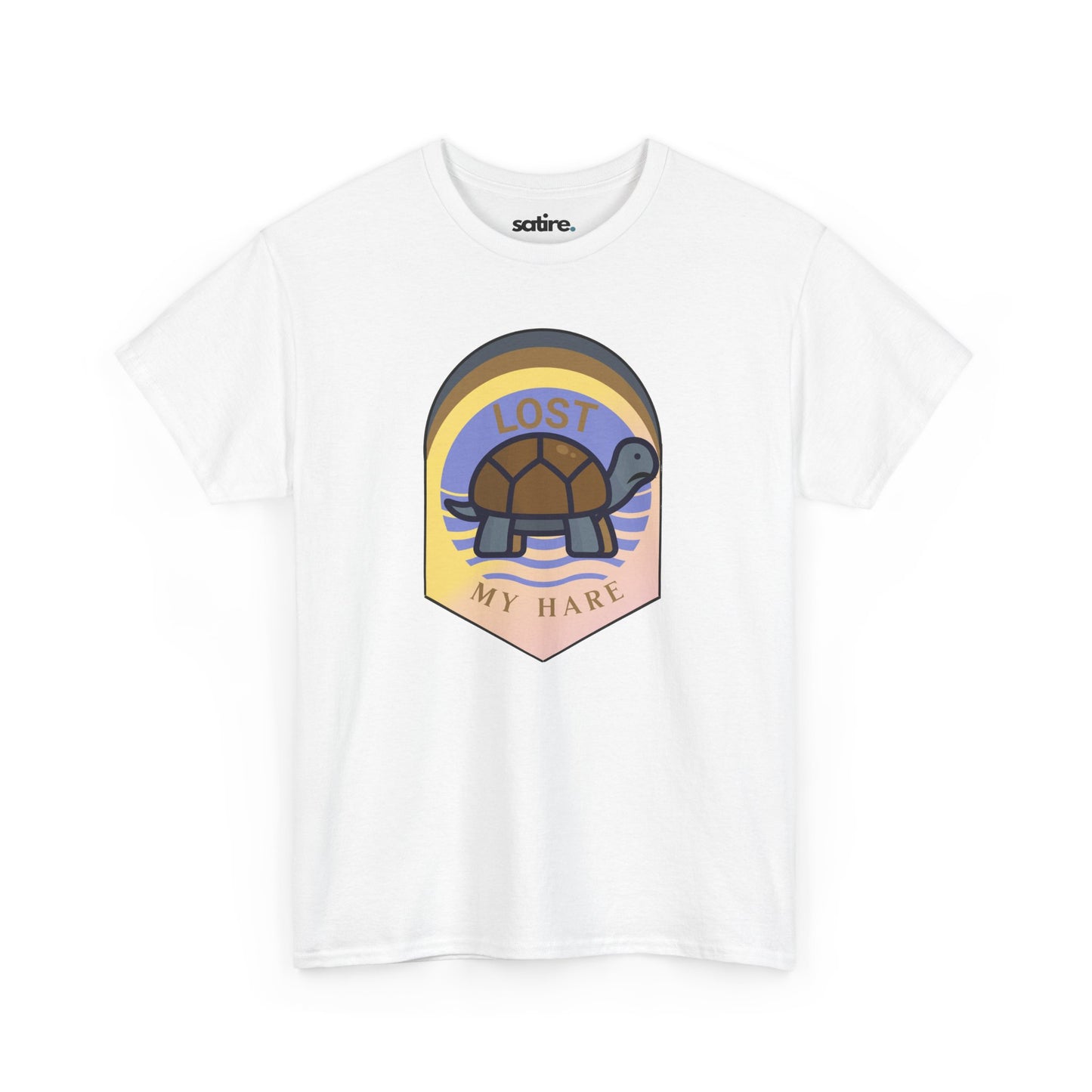 White T-shirt with a design of a turtle and the text 'LOST MY HARE' in a colorful, retro-style patch on the front. | Satire Clothes