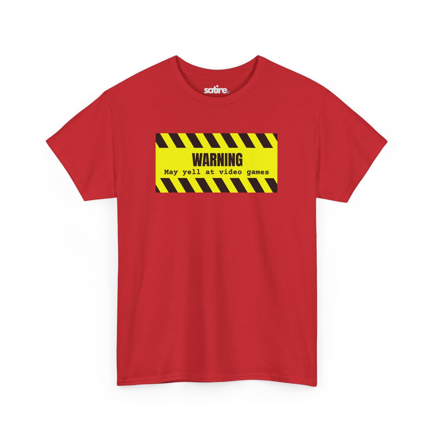 Red t-shirt with a yellow and black striped warning sign graphic which says 'WARNING: May yell at video games' in bold black text | Satire Clothes