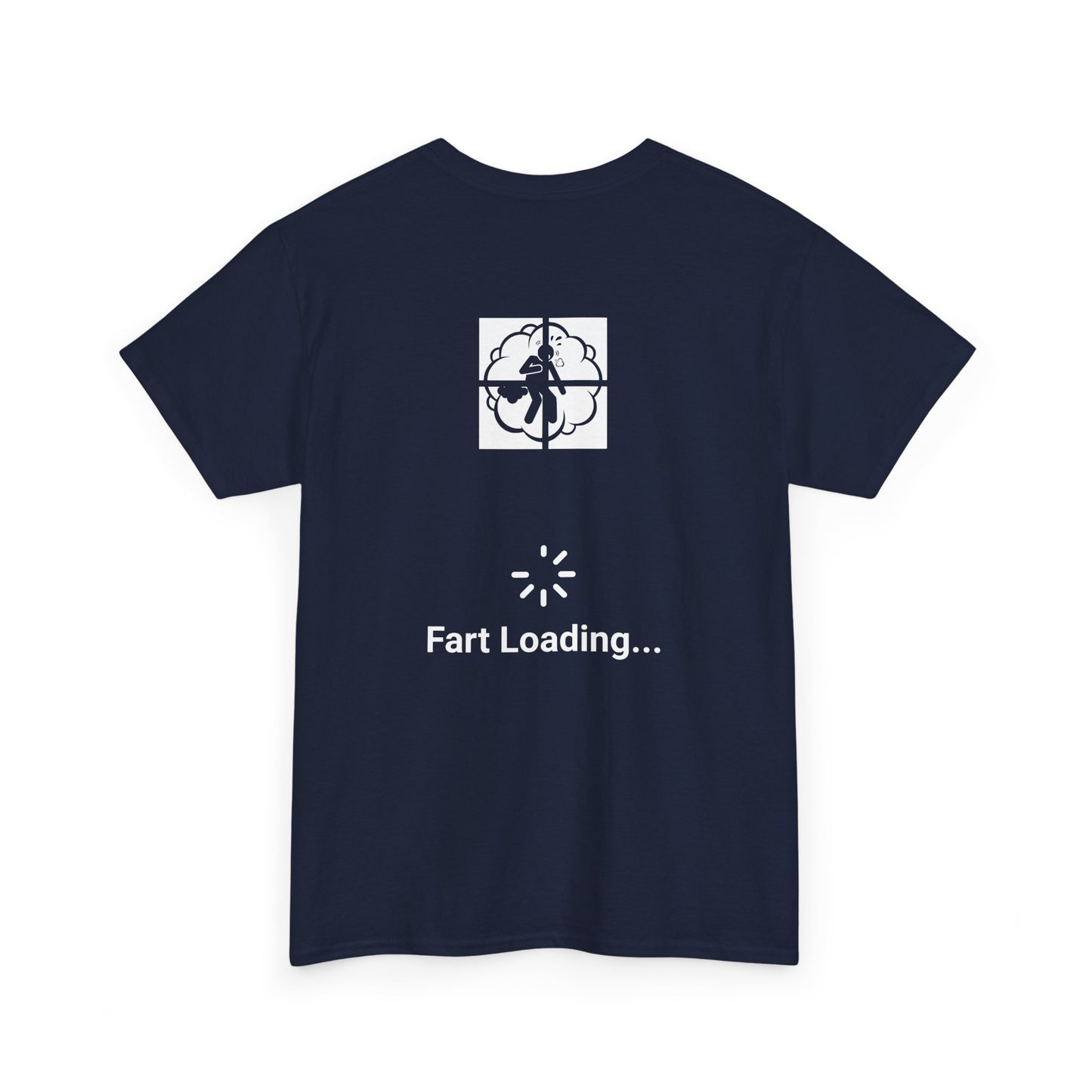 Navy blue t-shirt with a humorous design featuring a silhouette of a person in a cloud of gas within a crosshair, followed by a loading symbol and the text 'Fart Loading...' | Satire Clothes