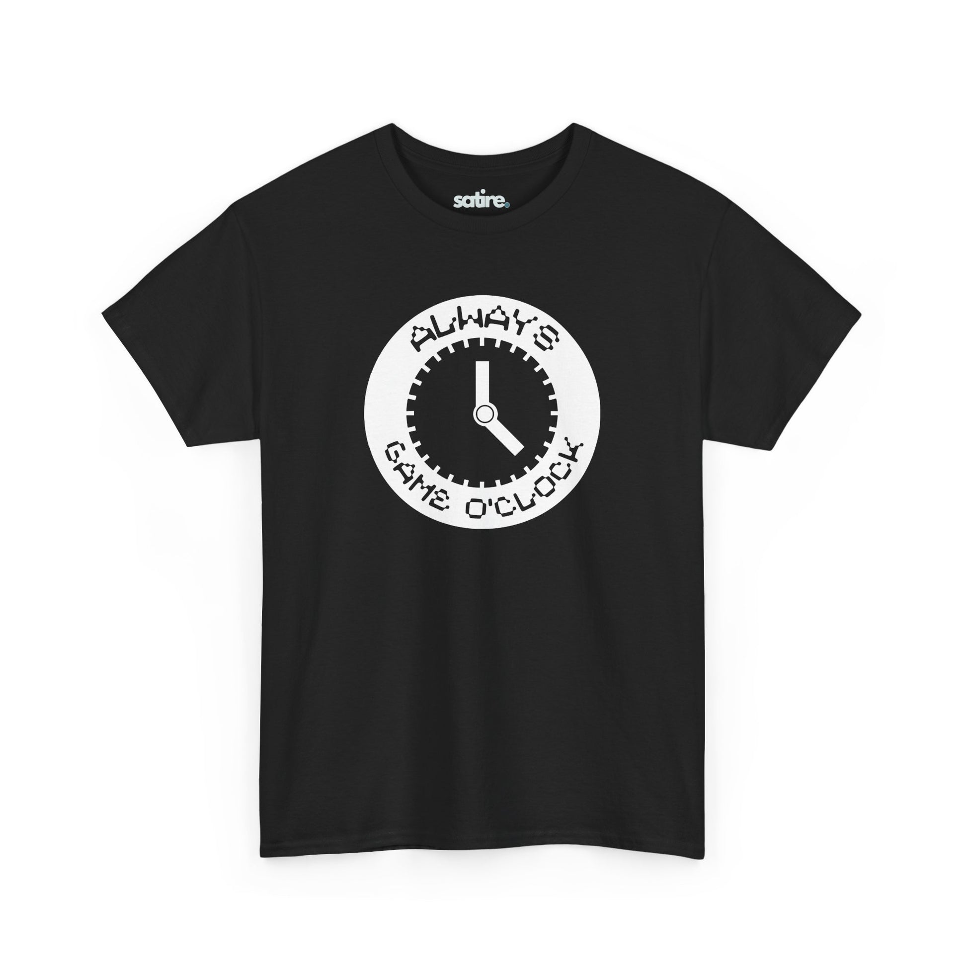 Black t-shirt with a white circular graphic in the center. The graphic features a clock with the text 'ALWAYS GAME O'CLOCK' around it.  | Satire Clothes