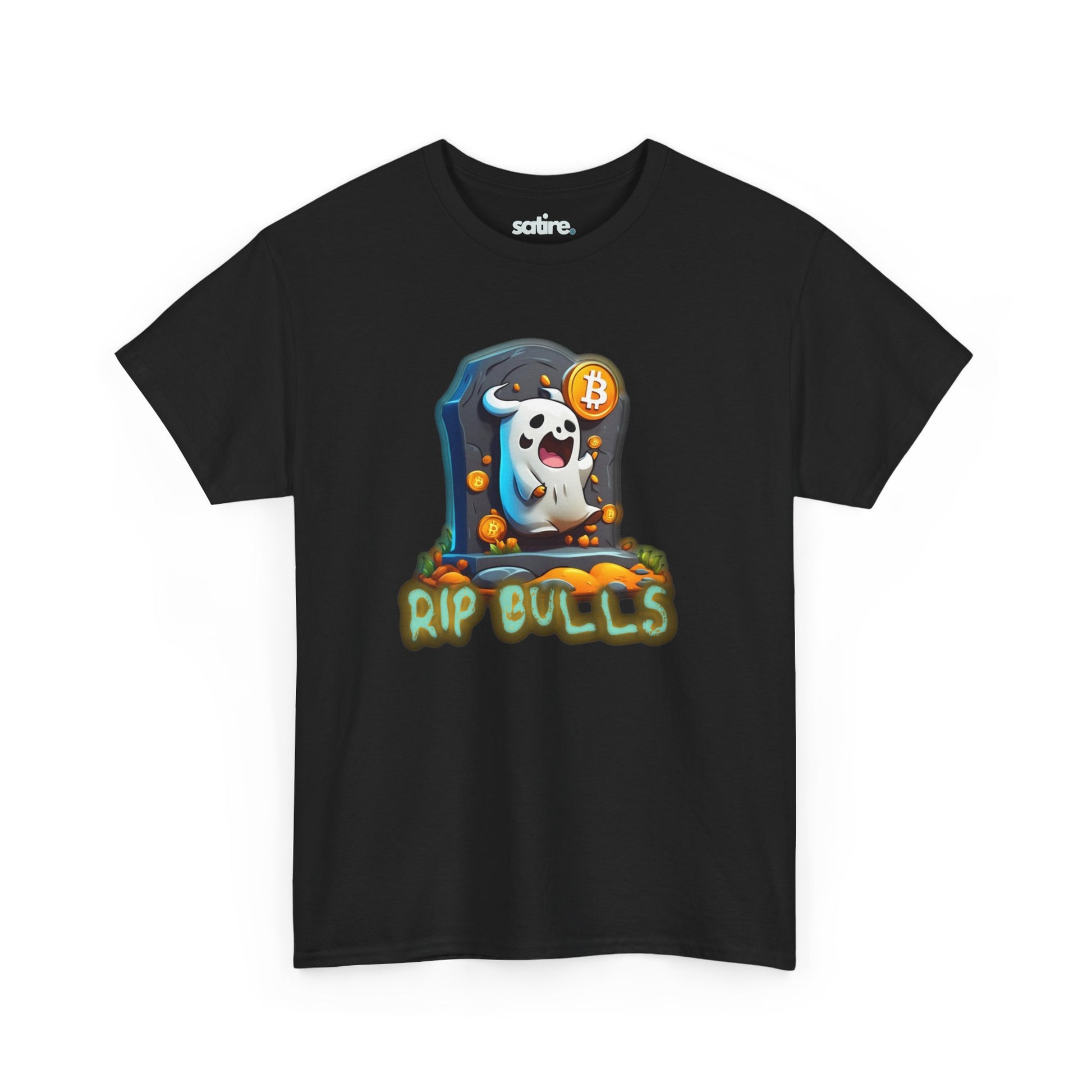 Black t-shirt with a cartoon ghost emerging from a tombstone, holding a Bitcoin symbol. The ghost is surrounded by small Bitcoin icons and the text "RIP BULLS" is glowing below in green and blue | Satire Clothes.