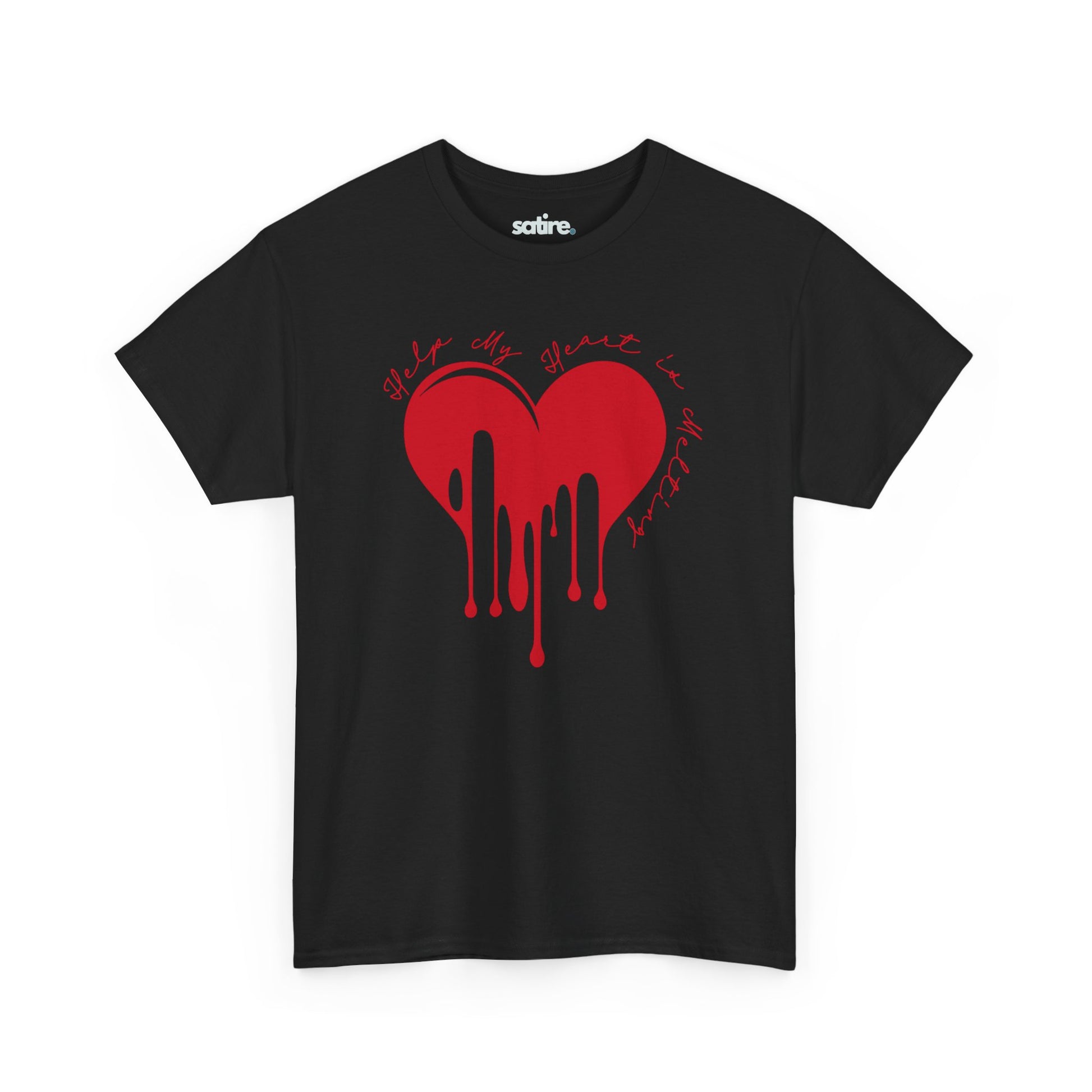 Black t-shirt with a red melting heart design and the text "Help, My Heart is Melting" written in a playful font around the heart | Satire Clothes