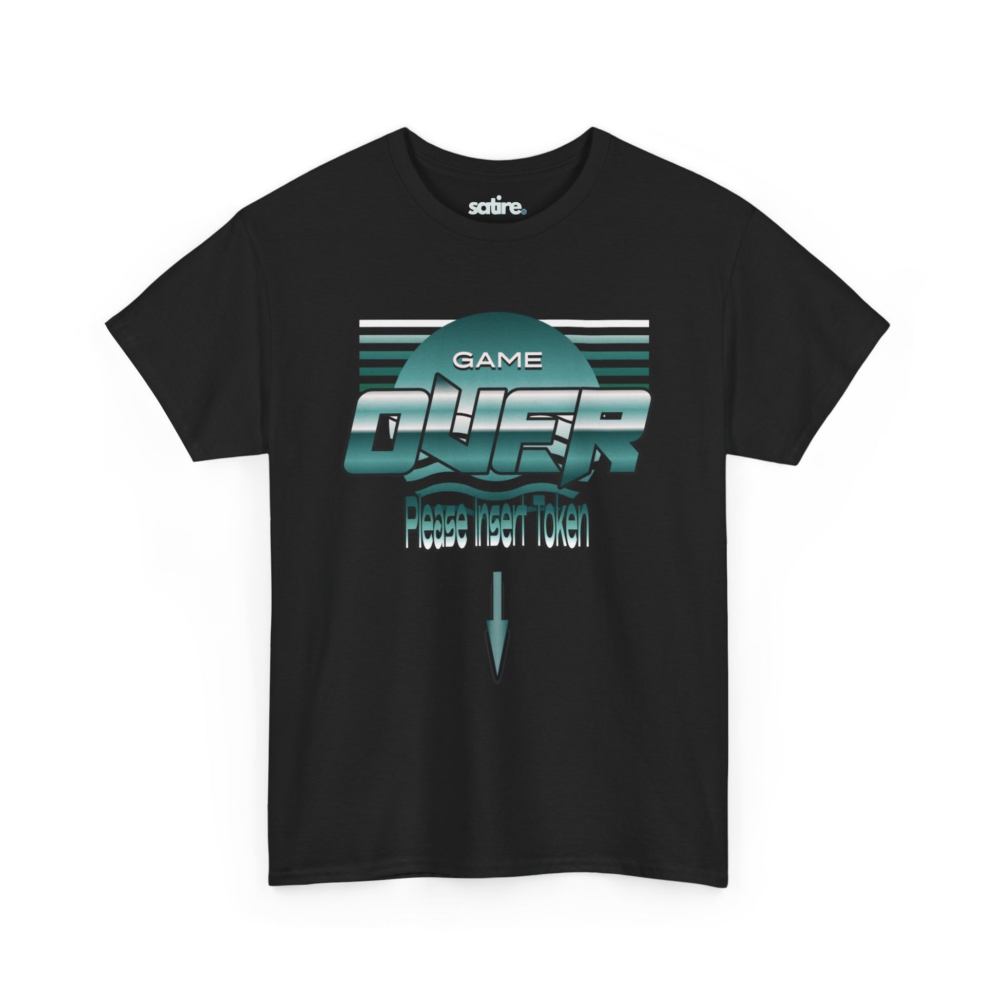 Black t-shirt with retro 'Game Over, Please Insert Token' design featuring teal graphics and an arrow pointing downwards | Satire Clothes