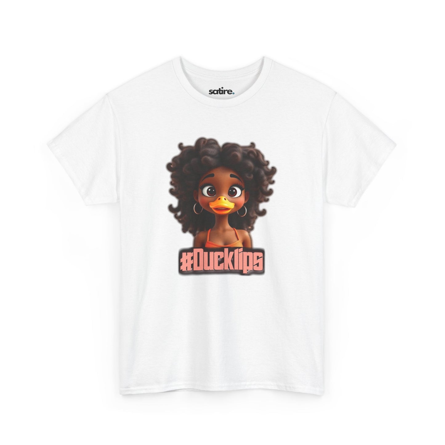 White t-shirt featuring a humorous cartoon duck with human-like curly hair and hoop earrings, text reads #Ducklips in pink | Satire Clothes