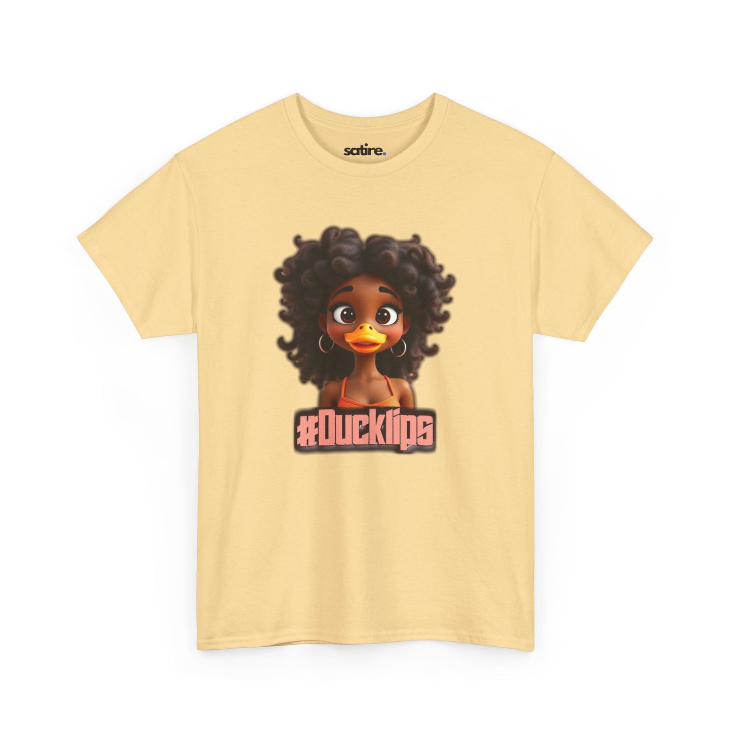 Light yellow t-shirt featuring a humorous cartoon duck with human-like curly hair and hoop earrings, text reads #Ducklips in pink | Satire Clothes