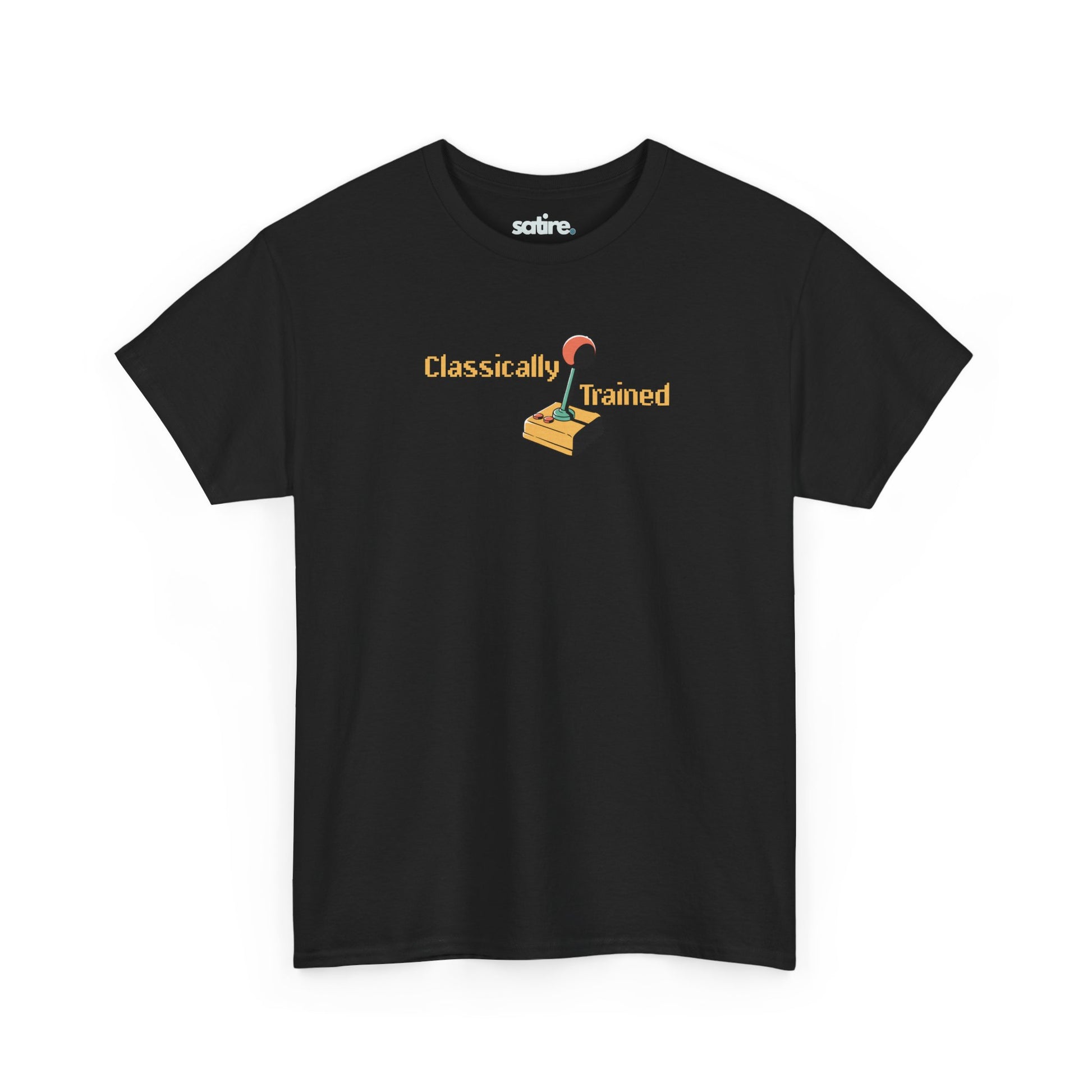 Black 'Classically Trained' t-shirt with a retro 80s design featuring an old-school joystick graphic | Satire Clothes