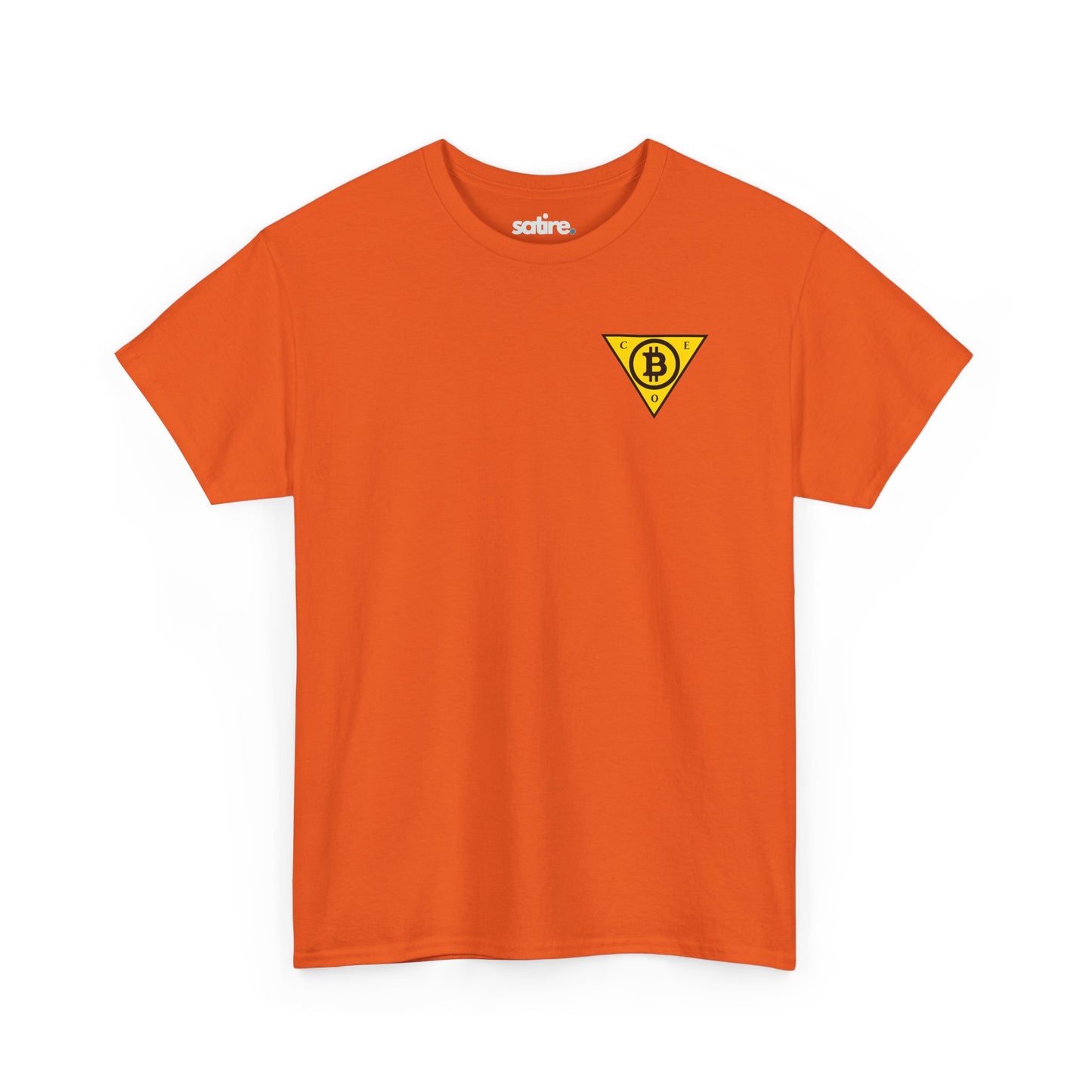 Orange t-shirt with a yellow triangle logo featuring the Bitcoin symbol in the center and the letters C, E, and O at each point of the triangle. | Satire Clothes