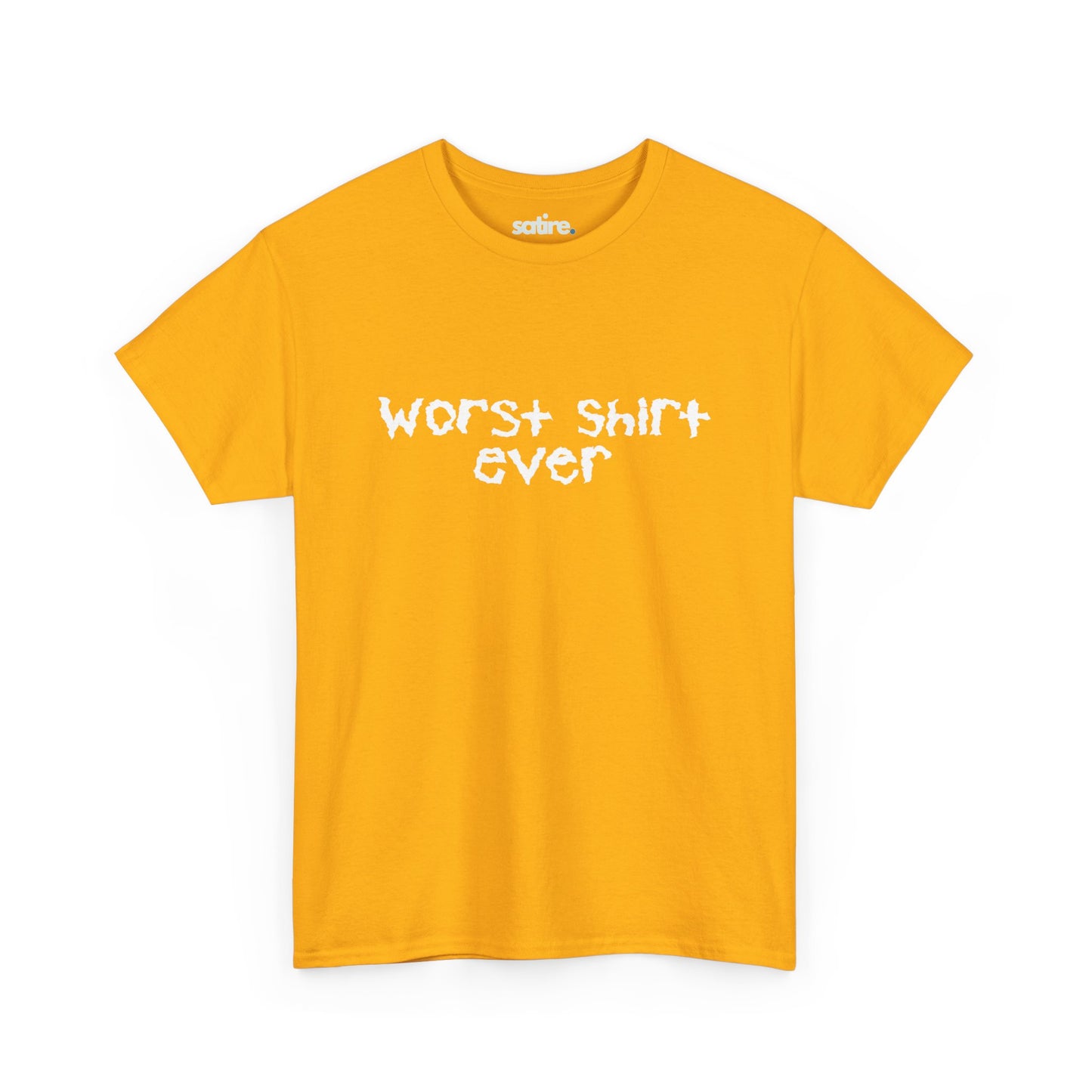 Yellow t-shirt with distressed white text reading "Worst Shirt Ever" | Satire Clothes