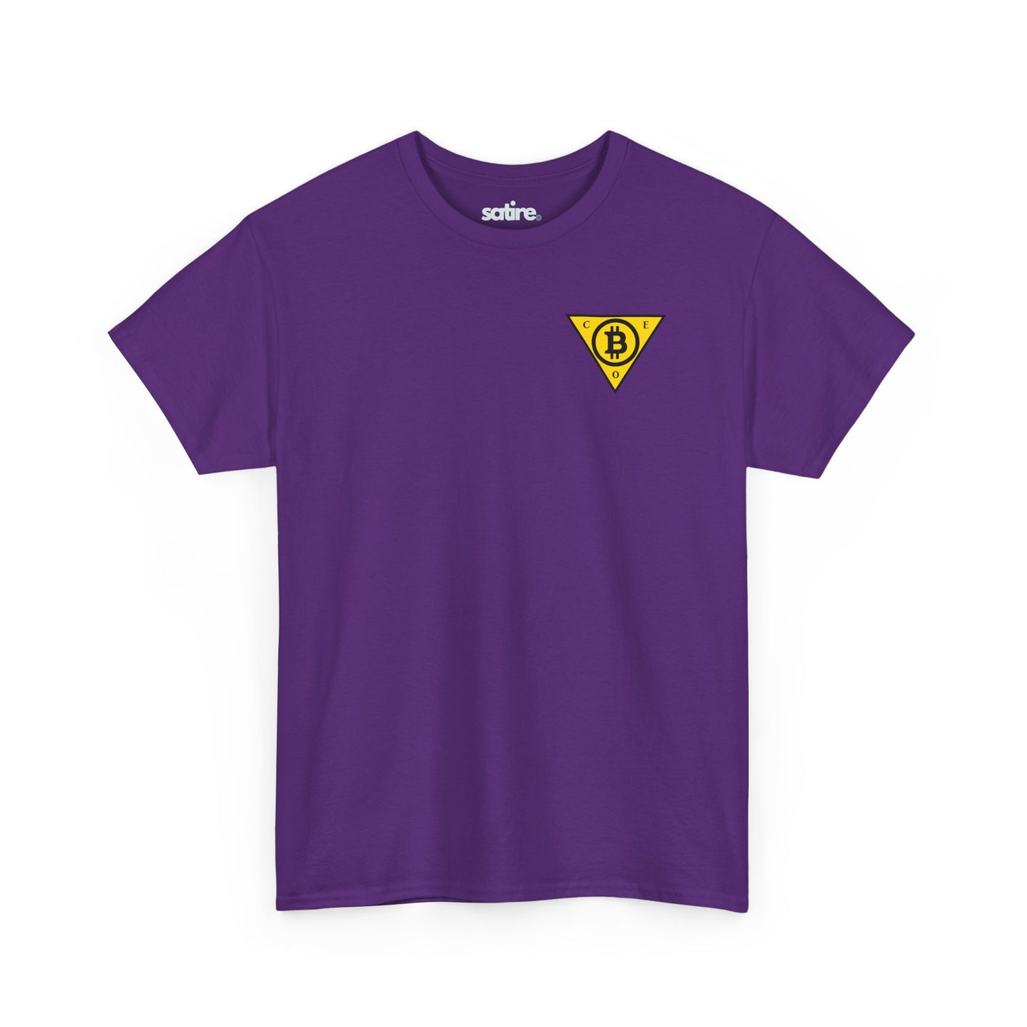 Purple t-shirt with a yellow triangle logo featuring the Bitcoin symbol in the center and the letters C, E, and O at each point of the triangle. | Satire Clothes