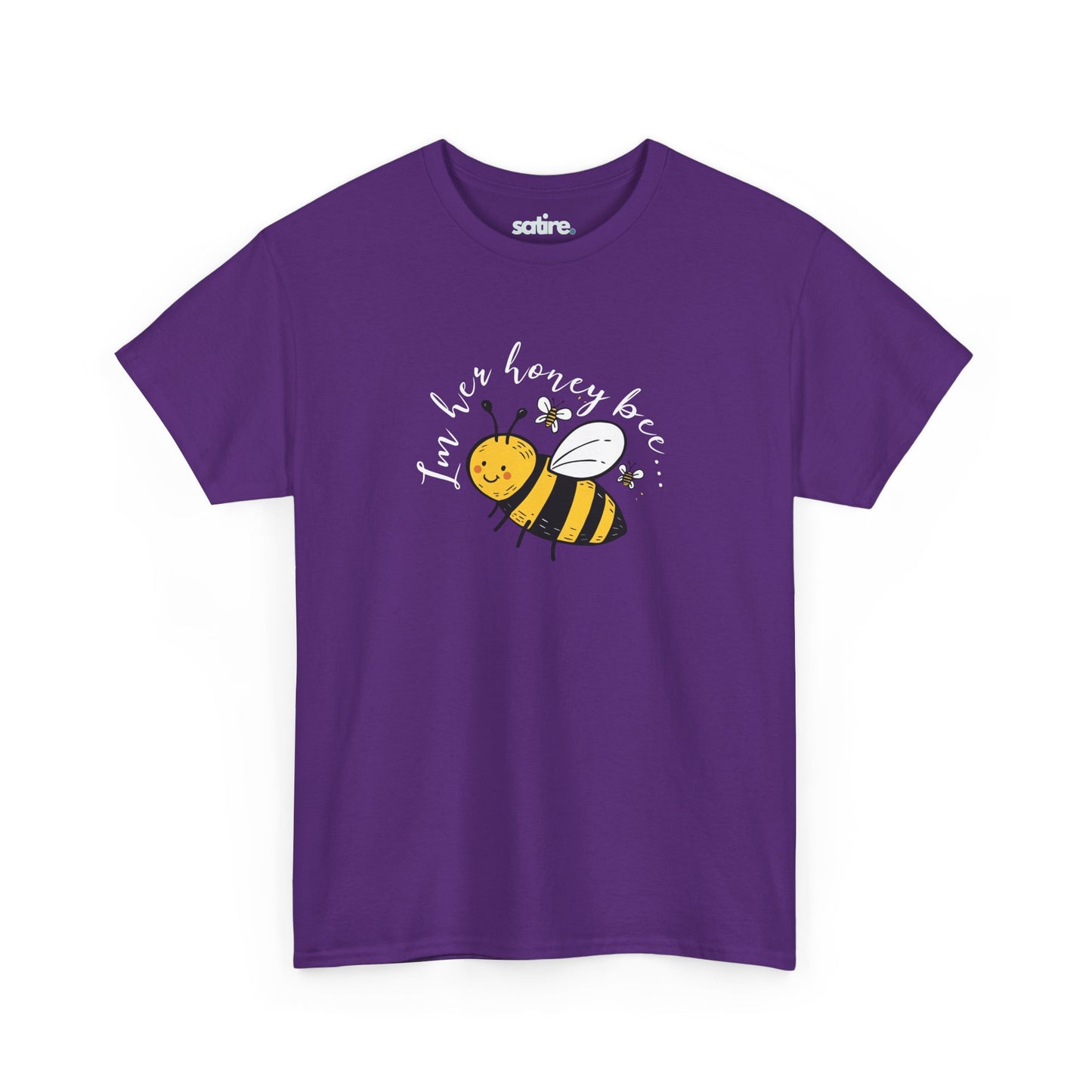 Purple T-shirt featuring a playful design with a cartoon bee and the text 'I'm her honey bee' in white | Satire Clothes