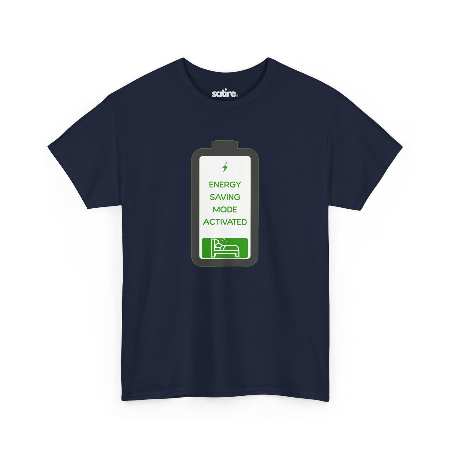 Navy blue t-shirt with a graphic of a battery icon displaying 'Energy Saving Mode Activated' text and a sleeping person icon | Satire Clothes