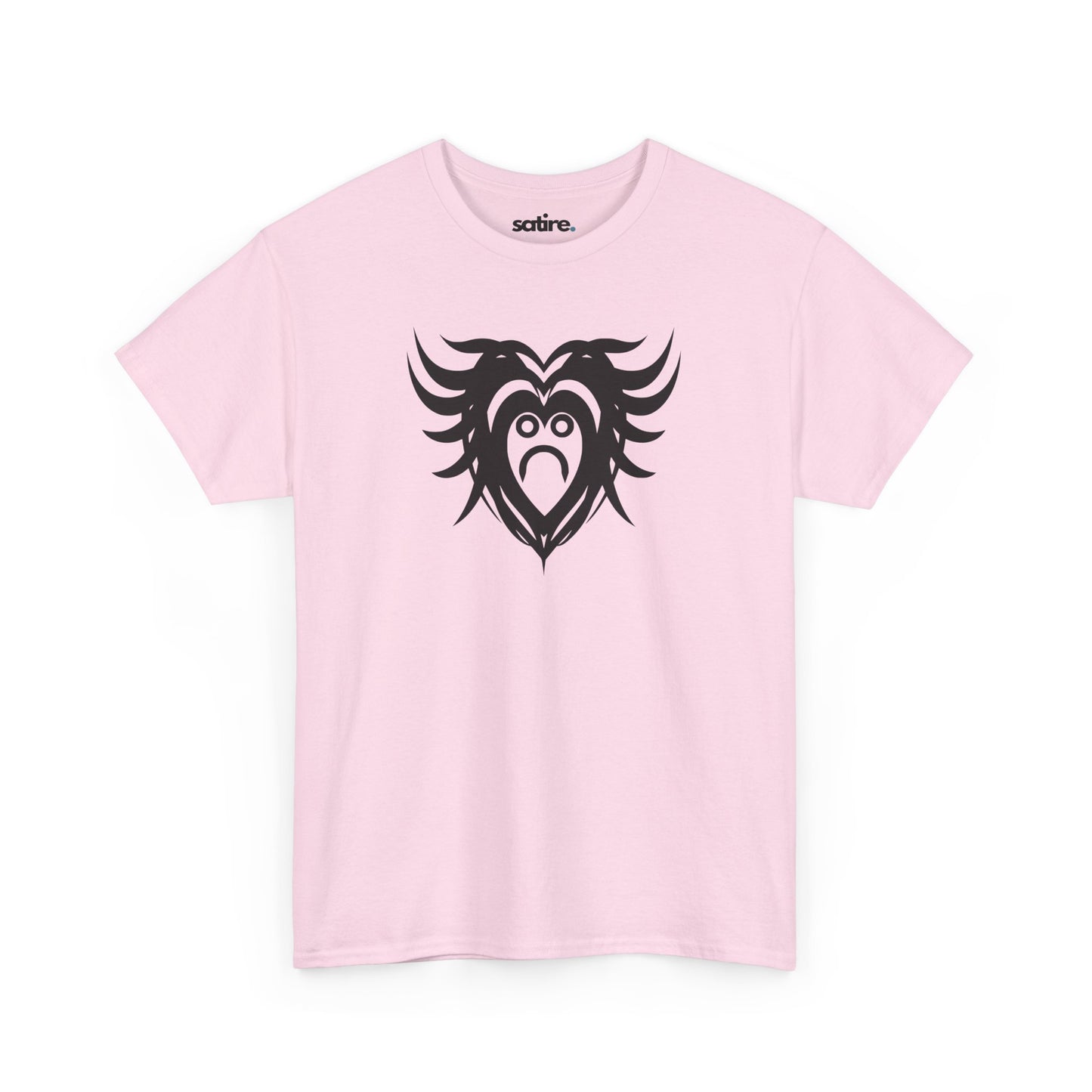 Light pink t-shirt with a black design featuring a sad, crying heart with wing-like extensions. | Satire Clothes