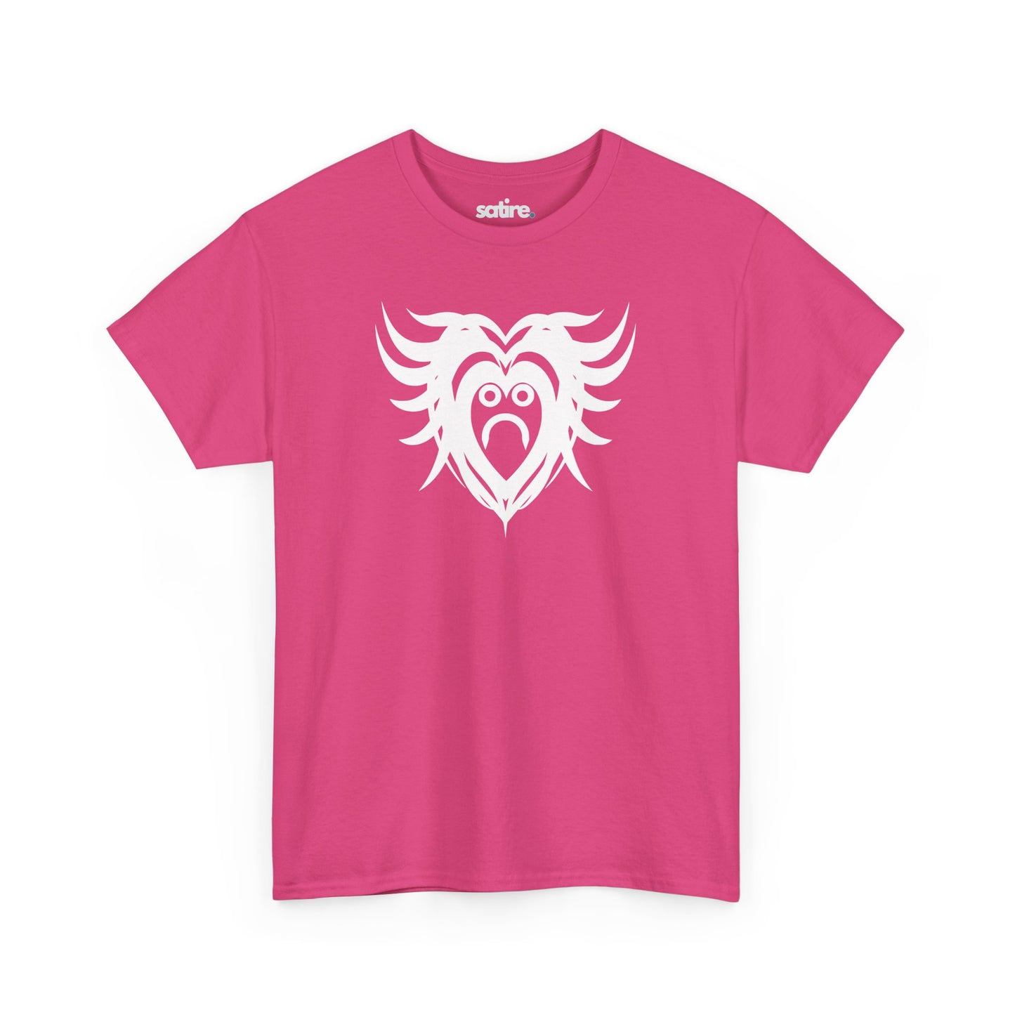 Pink t-shirt with a white design featuring a sad, crying heart with wing-like extensions. | Satire Clothes