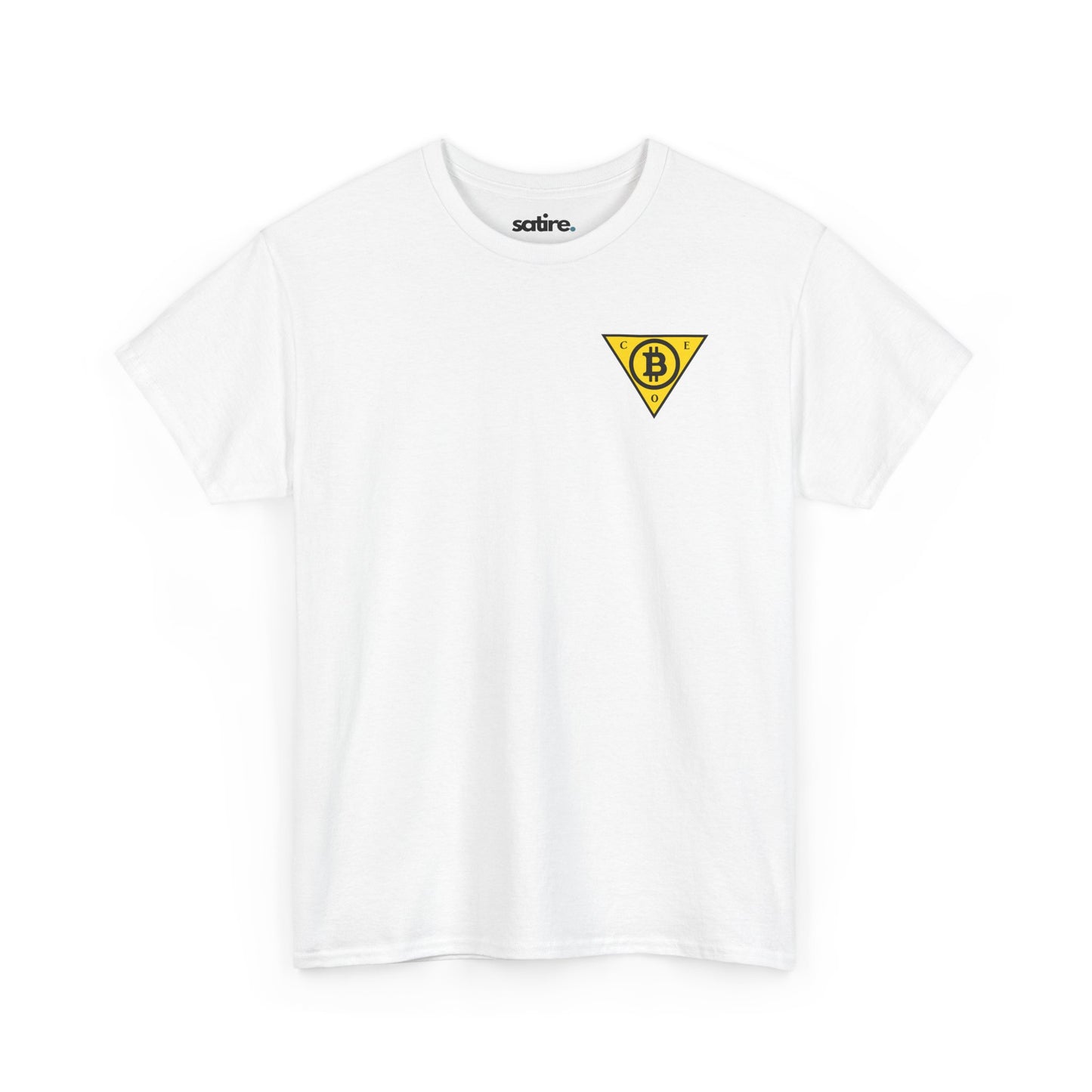 White t-shirt with a yellow triangle logo featuring the Bitcoin symbol in the center and the letters C, E, and O at each point of the triangle. | Satire Clothes