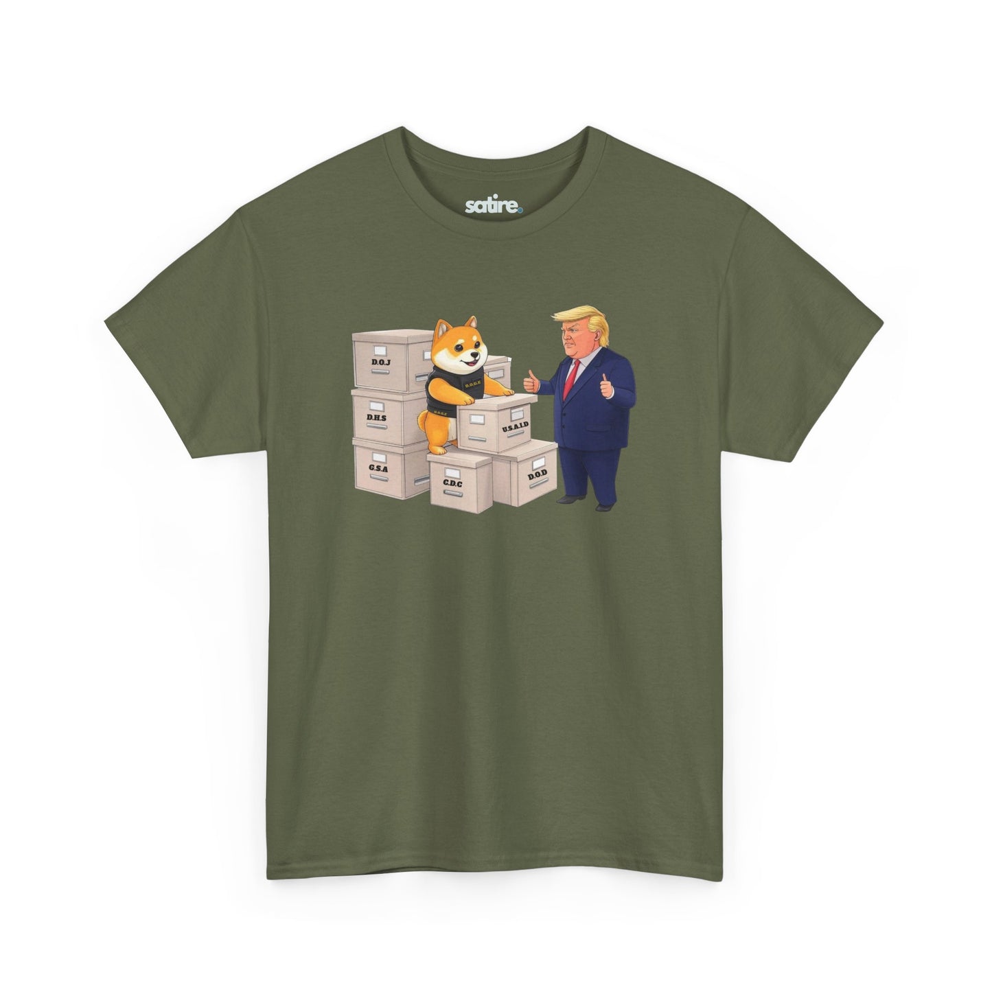 Military green t-shirt featuring D.O.G.E, a Shiba Inu in a black vest, inspecting government-labeled boxes, with a caricature of President Trump giving a thumbs up | Satire Clothes