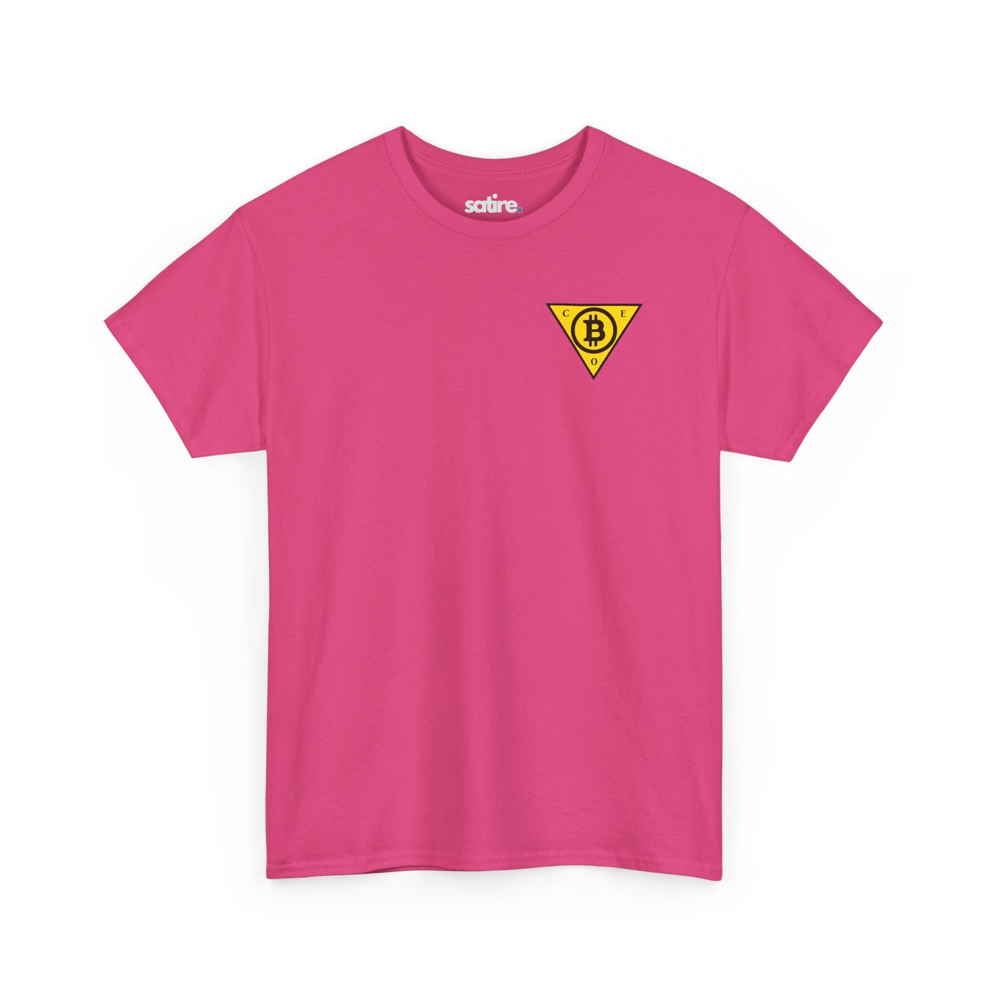 Pink t-shirt with a yellow triangle logo featuring the Bitcoin symbol in the center and the letters C, E, and O at each point of the triangle. | Satire Clothes