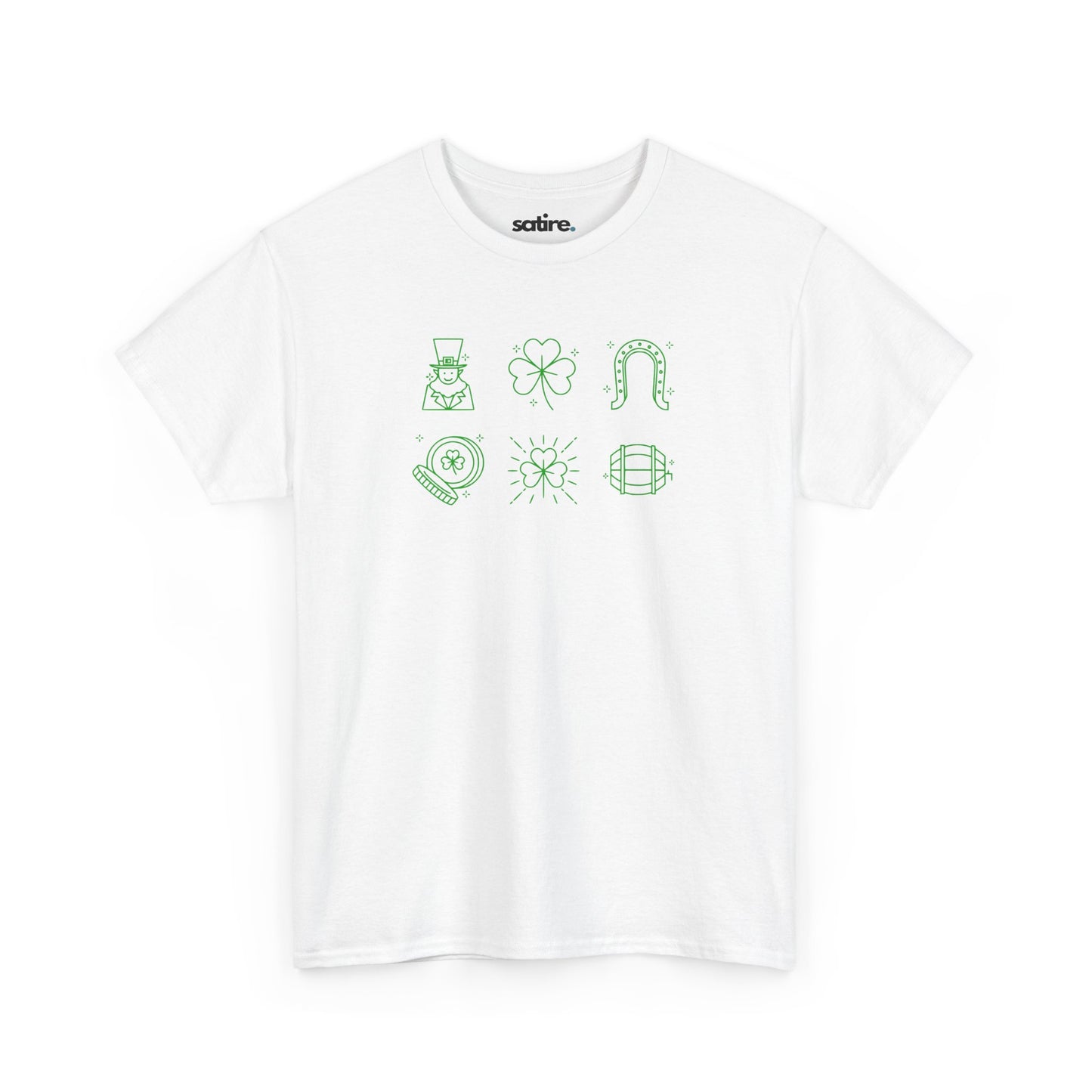 White tee with green icons of leprechaun, shamrock, horseshoe, sunburst, and barrel | Satire Clothes