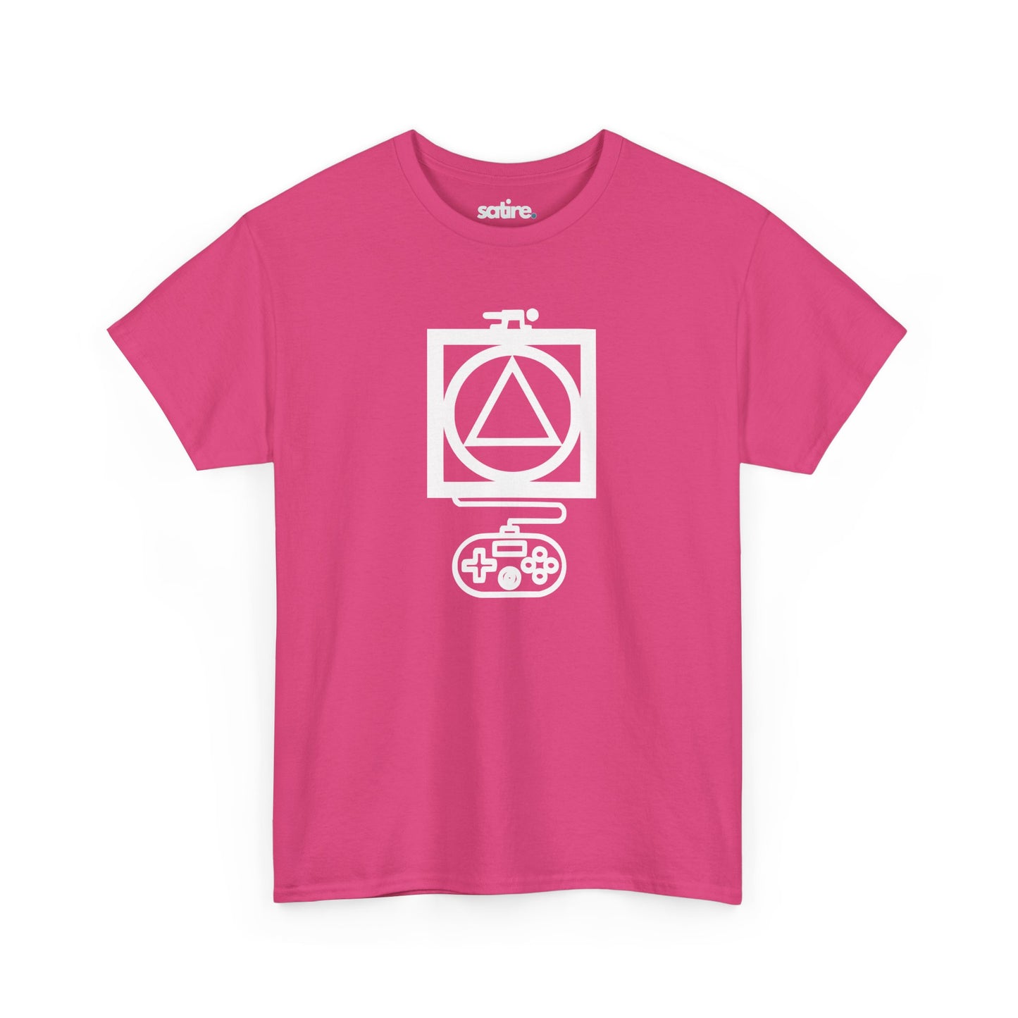 Pink t-shirt with a white graphic design featuring a triangle inside a circle, which is inside a square, with a game controller below. | Satire Clothes