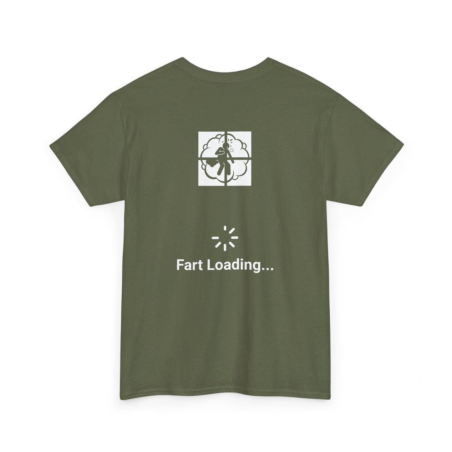 Military green t-shirt with a humorous design featuring a silhouette of a person in a cloud of gas within a crosshair, followed by a loading symbol and the text 'Fart Loading...' | Satire Clothes