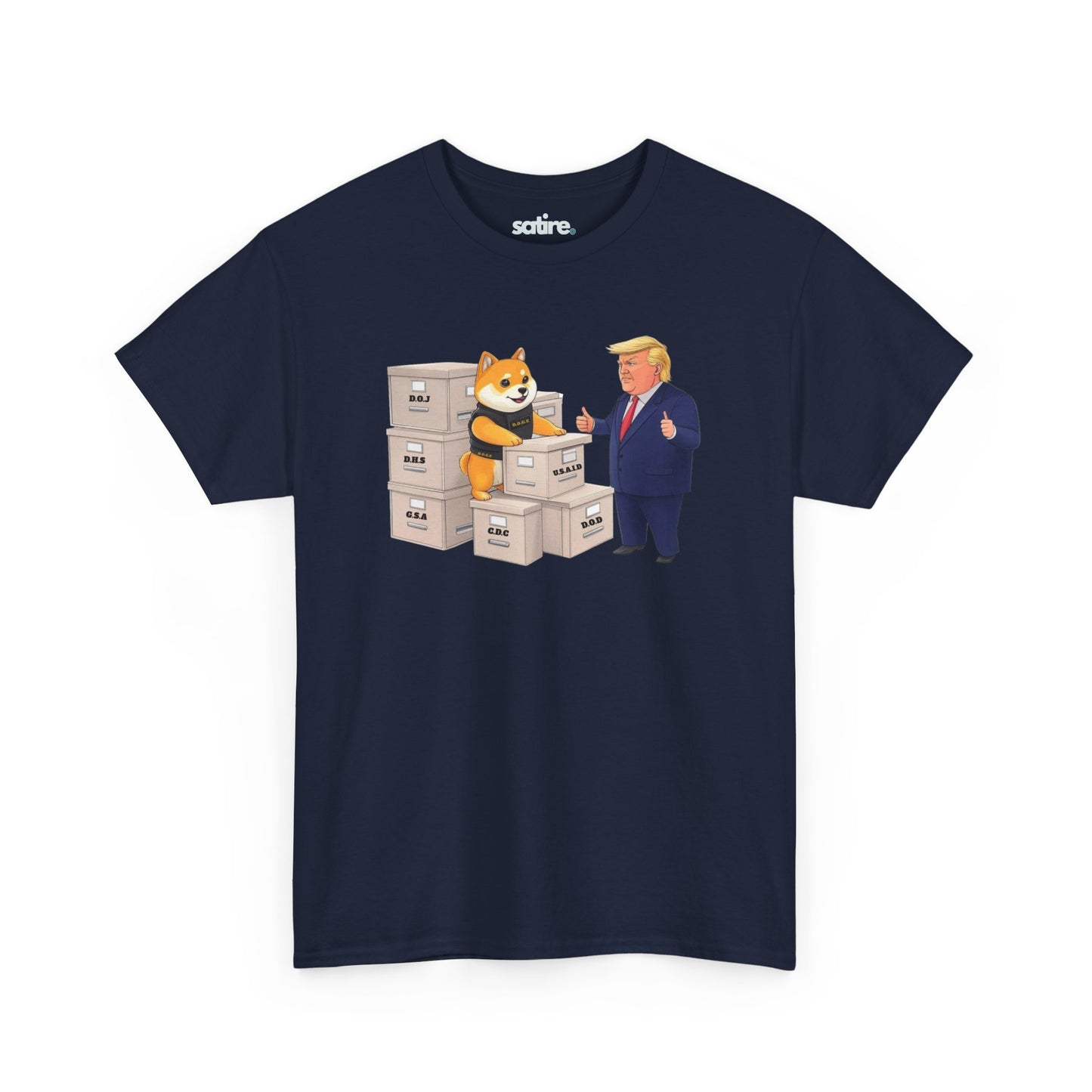 Navy blue t-shirt featuring D.O.G.E, a Shiba Inu in a black vest, inspecting government-labeled boxes, with a caricature of President Trump giving a thumbs up | Satire Clothes