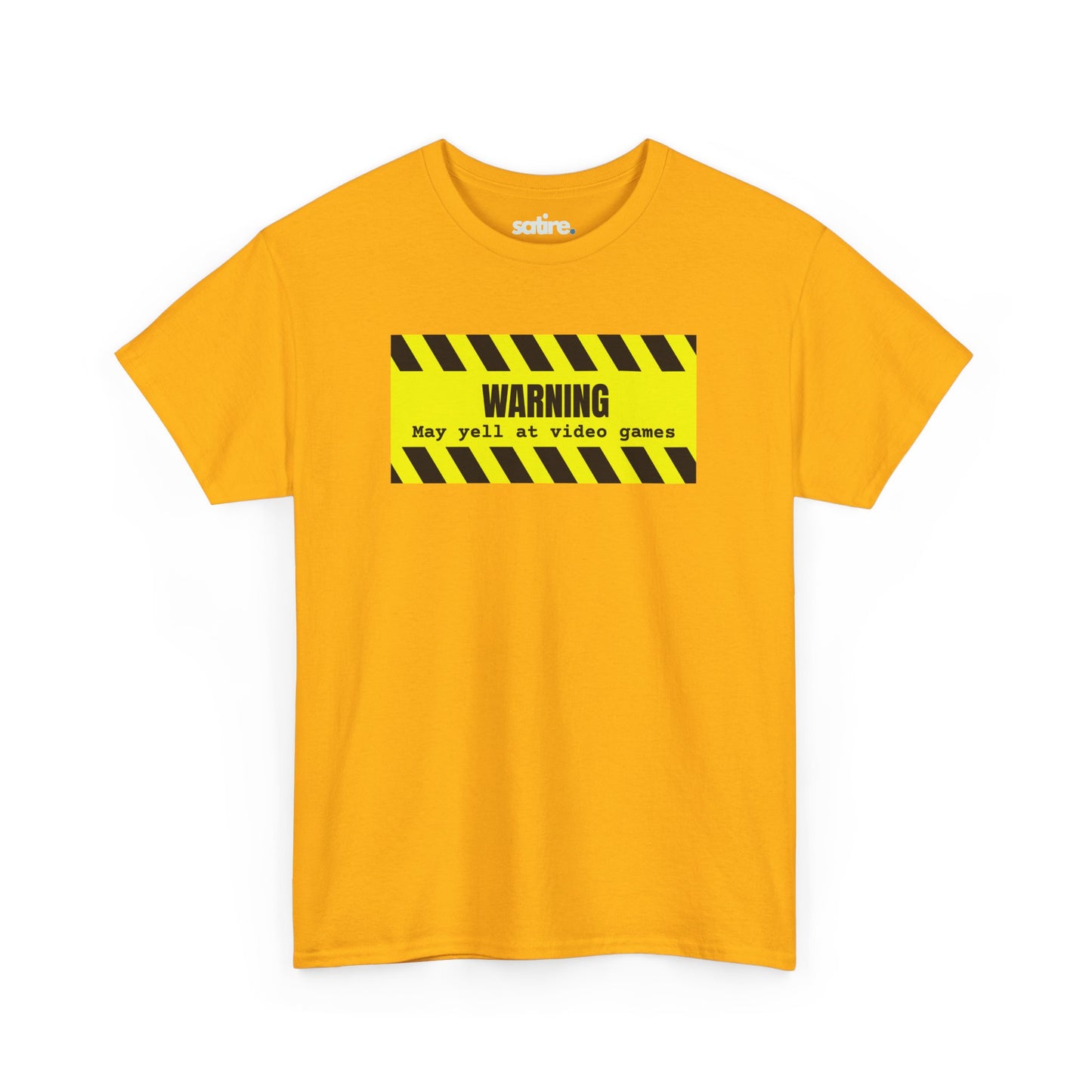 Yellow t-shirt with a yellow and black striped warning sign graphic which says 'WARNING: May yell at video games' in bold black text | Satire Clothes