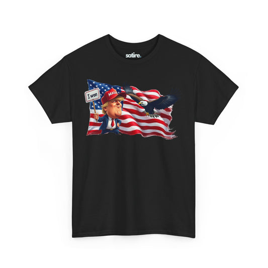 Black t-shirt featuring a satirical design of Donald Trump holding an "I WON" sign in front of an American flag with an eagle flying above | Satire Clothes