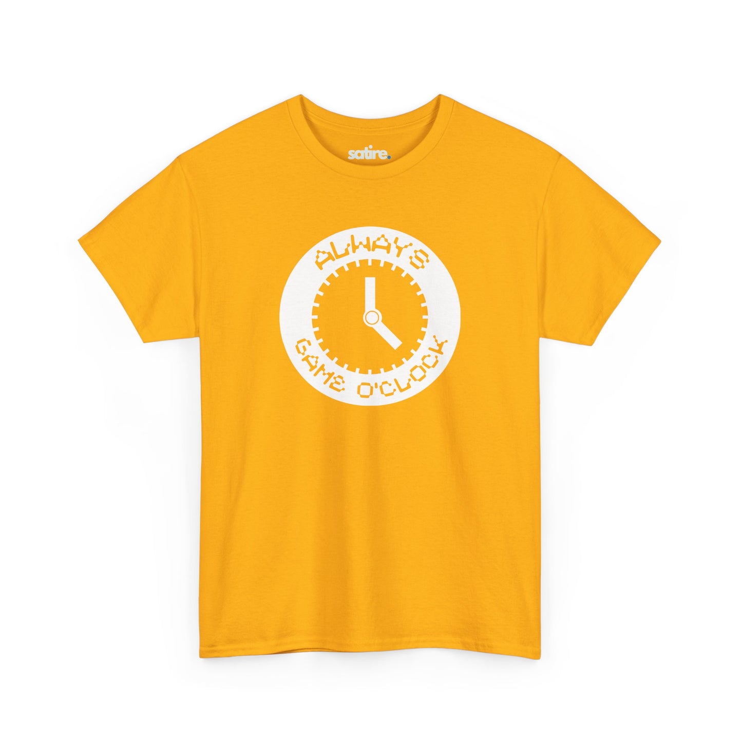 Yellow t-shirt with a white circular graphic in the center. The graphic features a clock with the text 'ALWAYS GAME O'CLOCK' around it.  | Satire Clothes