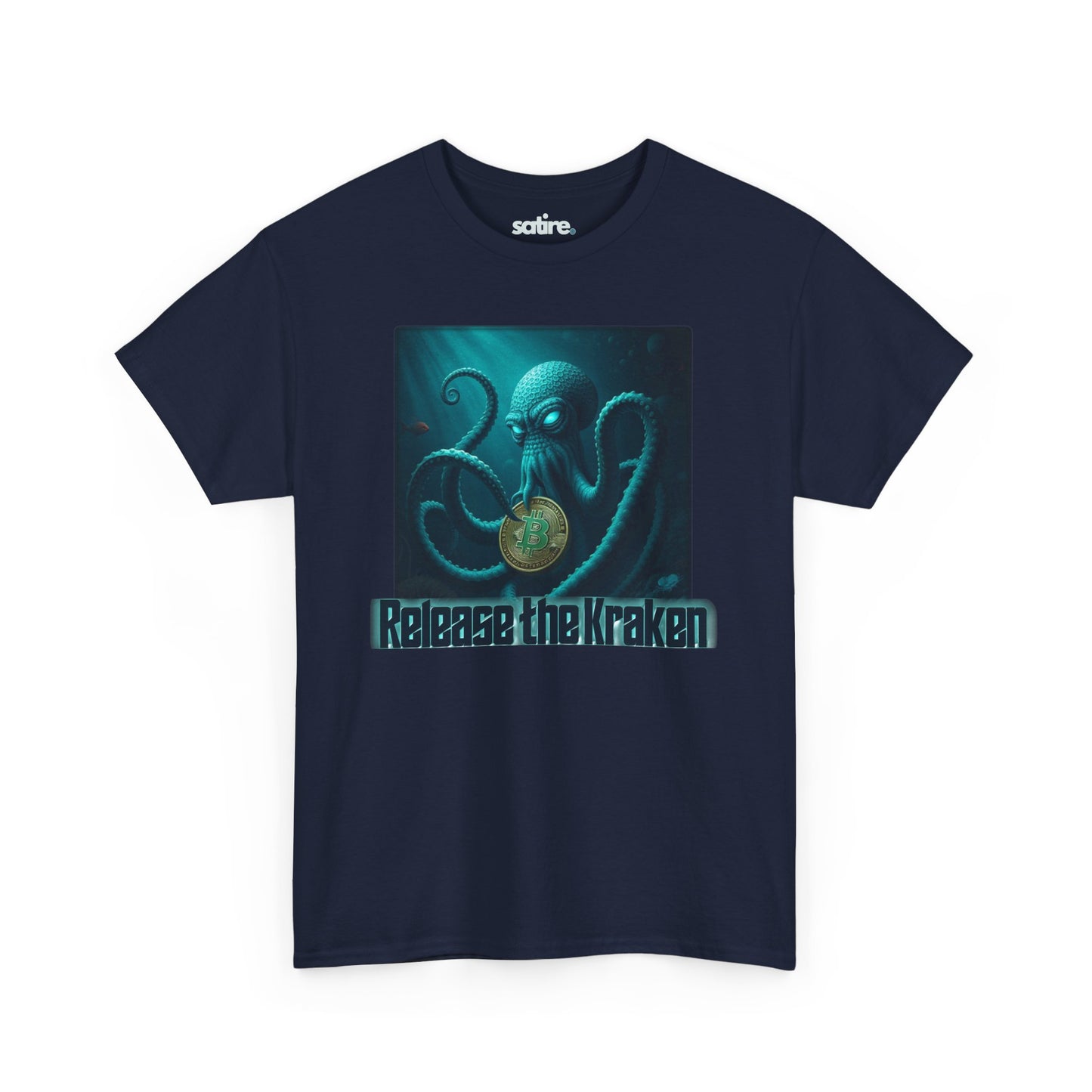 Navy blue t-shirt with a graphic of a kraken holding a Bitcoin coin underwater, with the text "Release the Kraken" below the image | Satire Clothes.