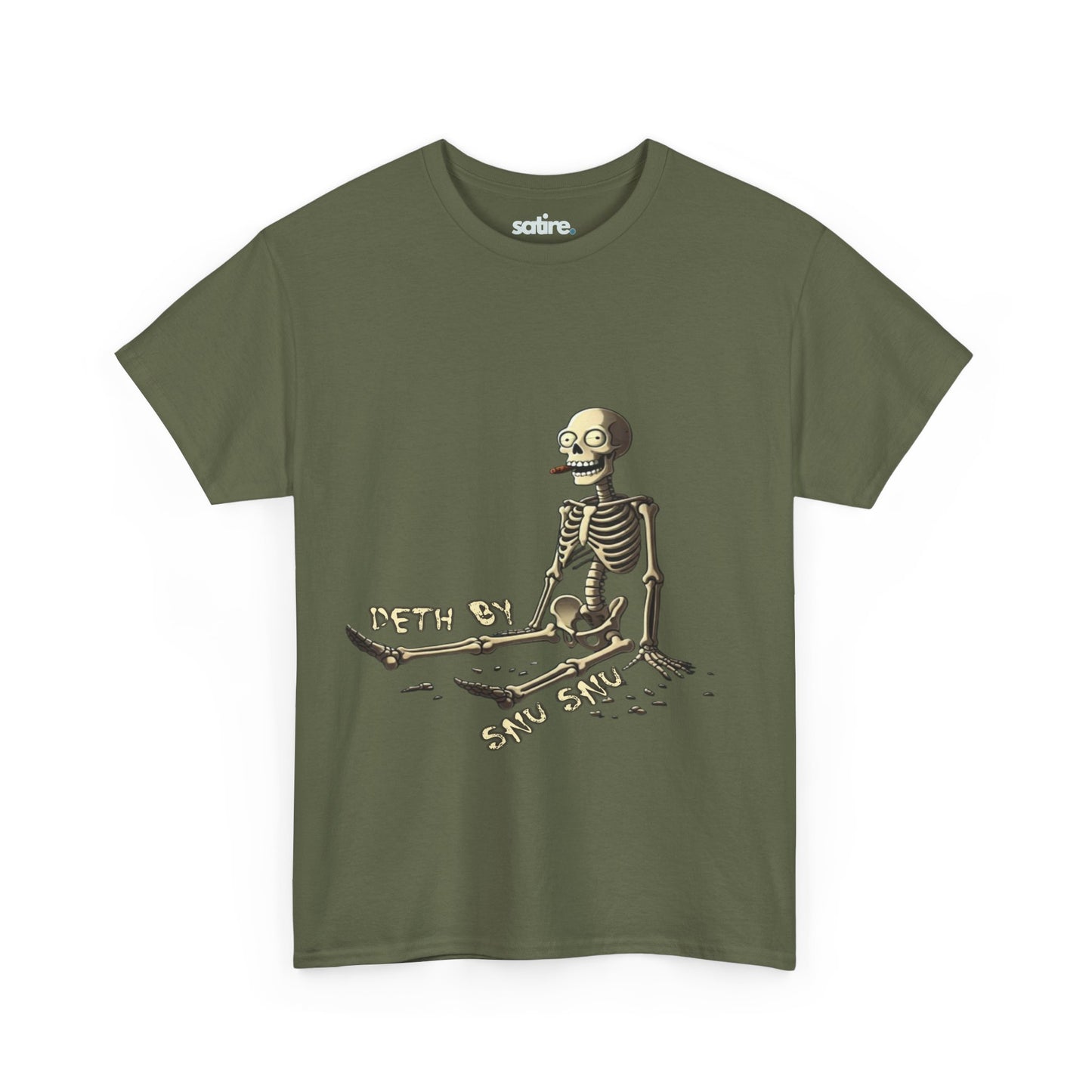 Military green Deth by Snu Snu t-shirt with a happy skeleton design | Satire Clothes